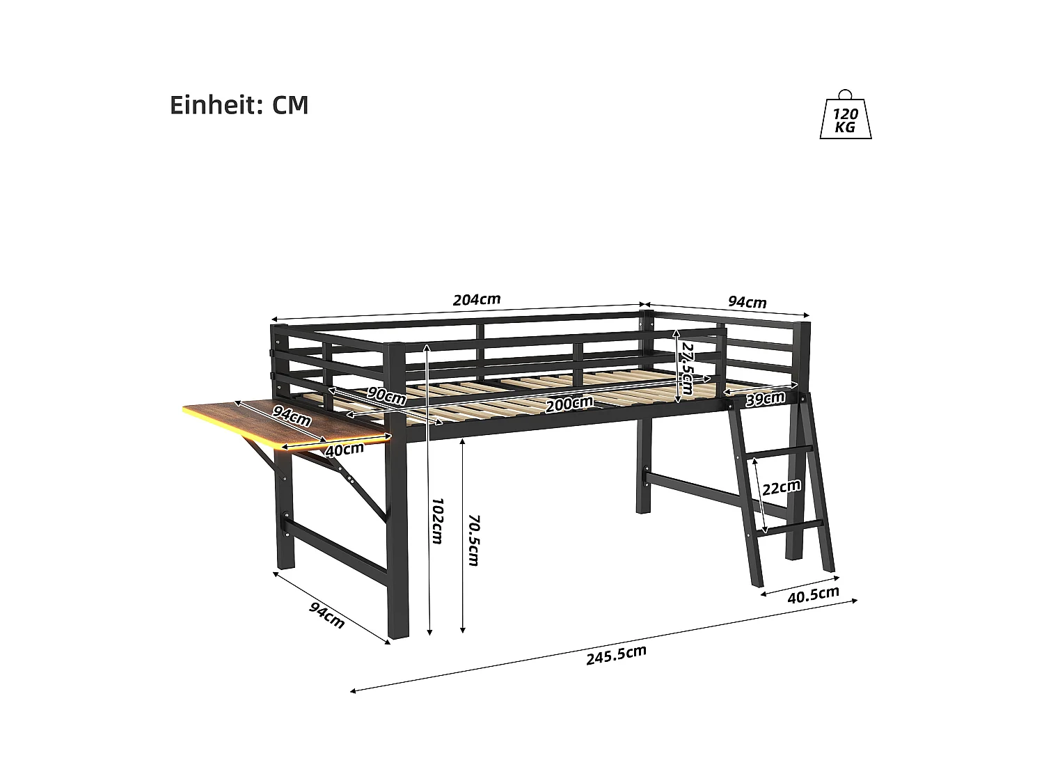 Lit mezzanine en métal 90x200 cm, avec barrière, échelle, bureau et bande LED télécommandée, noir
