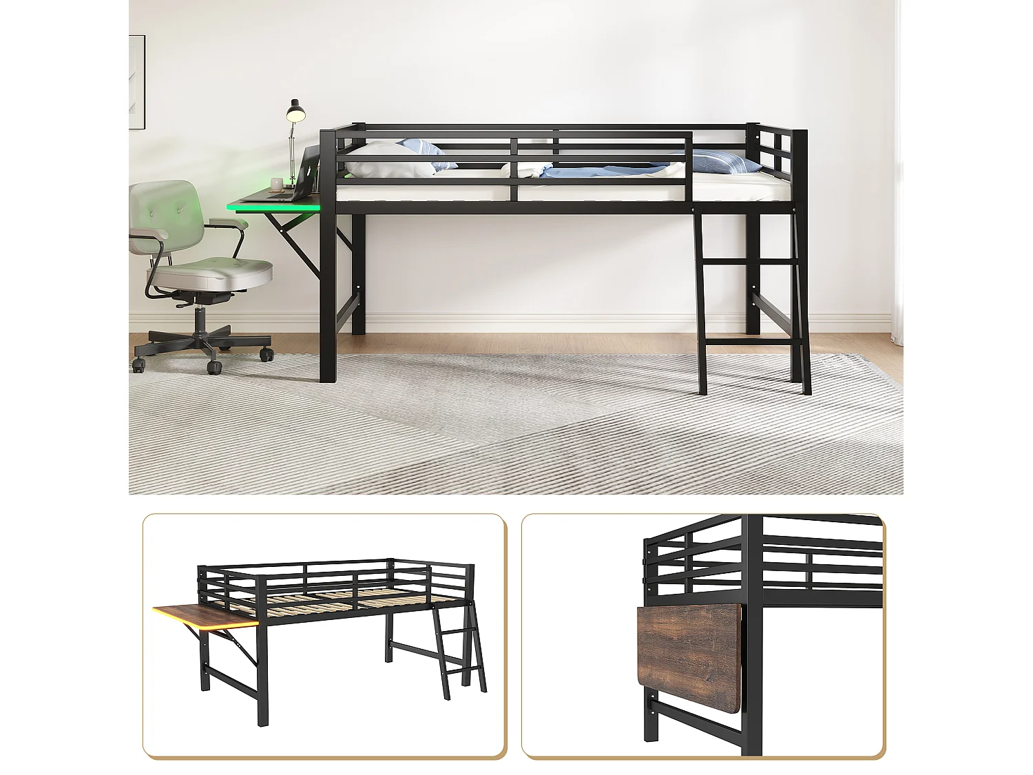 Lit mezzanine en métal 90x200 cm, avec barrière, échelle, bureau et bande LED télécommandée, noir