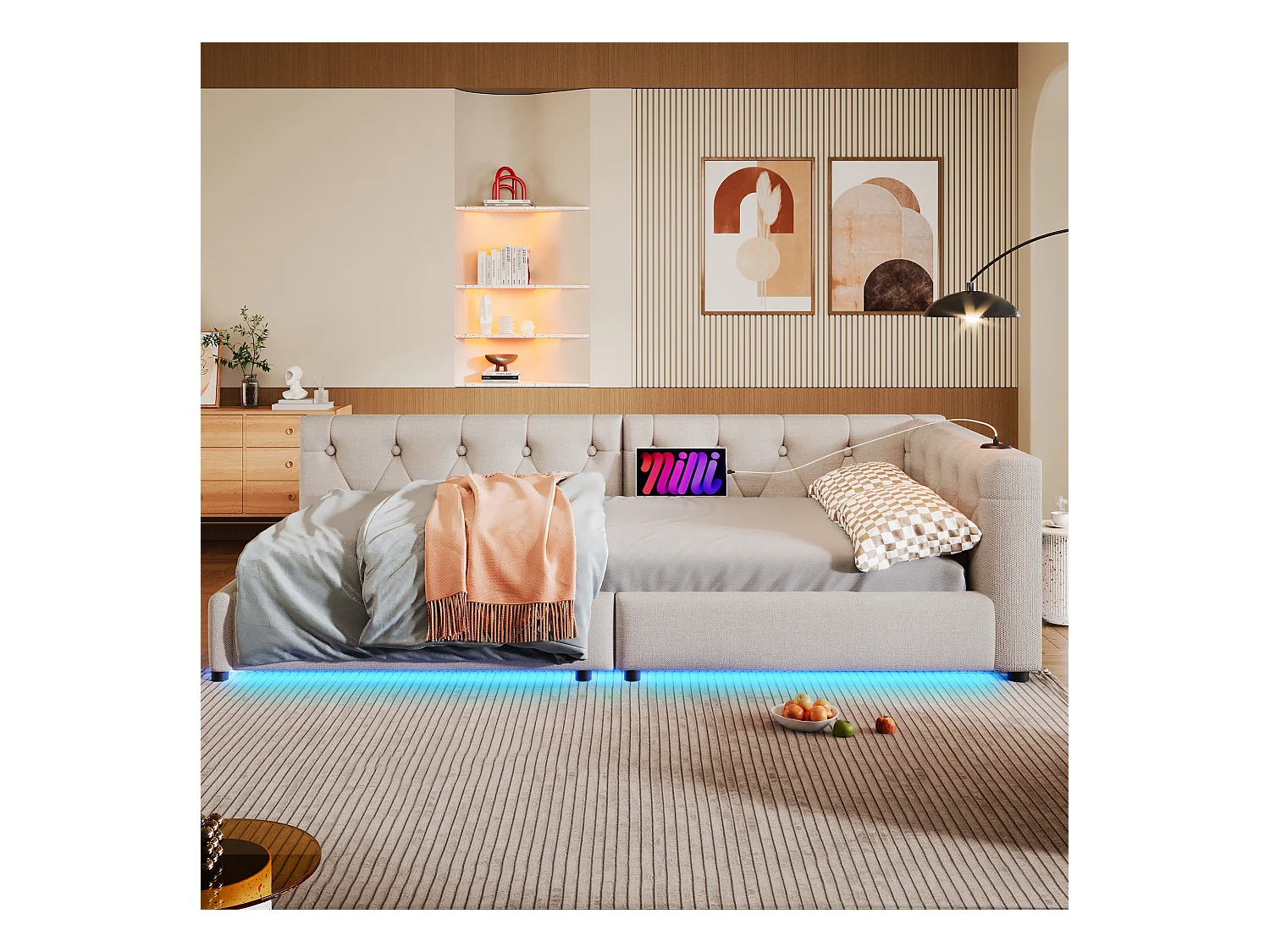 Canapé-lit 90x200 cm en lin beige, avec LED d’ambiance télécommandée, ports USB et Type-C, tête capitonnée, sommier inclus