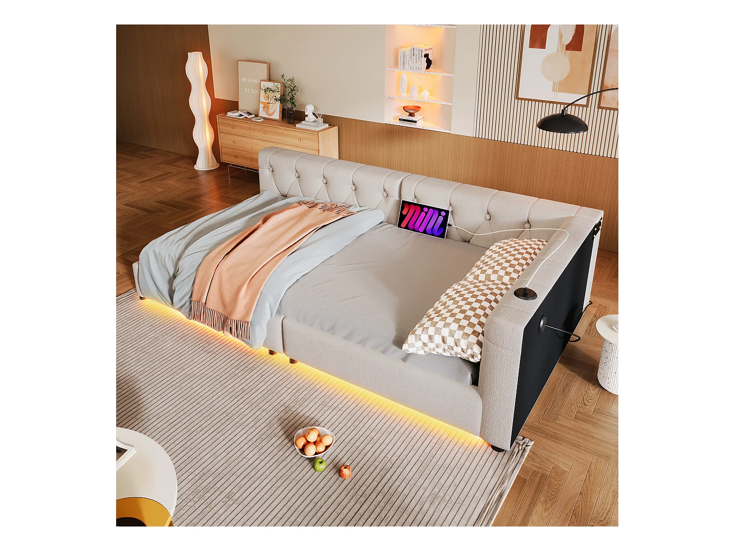 Canapé-lit 90x200 cm en lin beige, avec LED d’ambiance télécommandée, ports USB et Type-C, tête capitonnée, sommier inclus