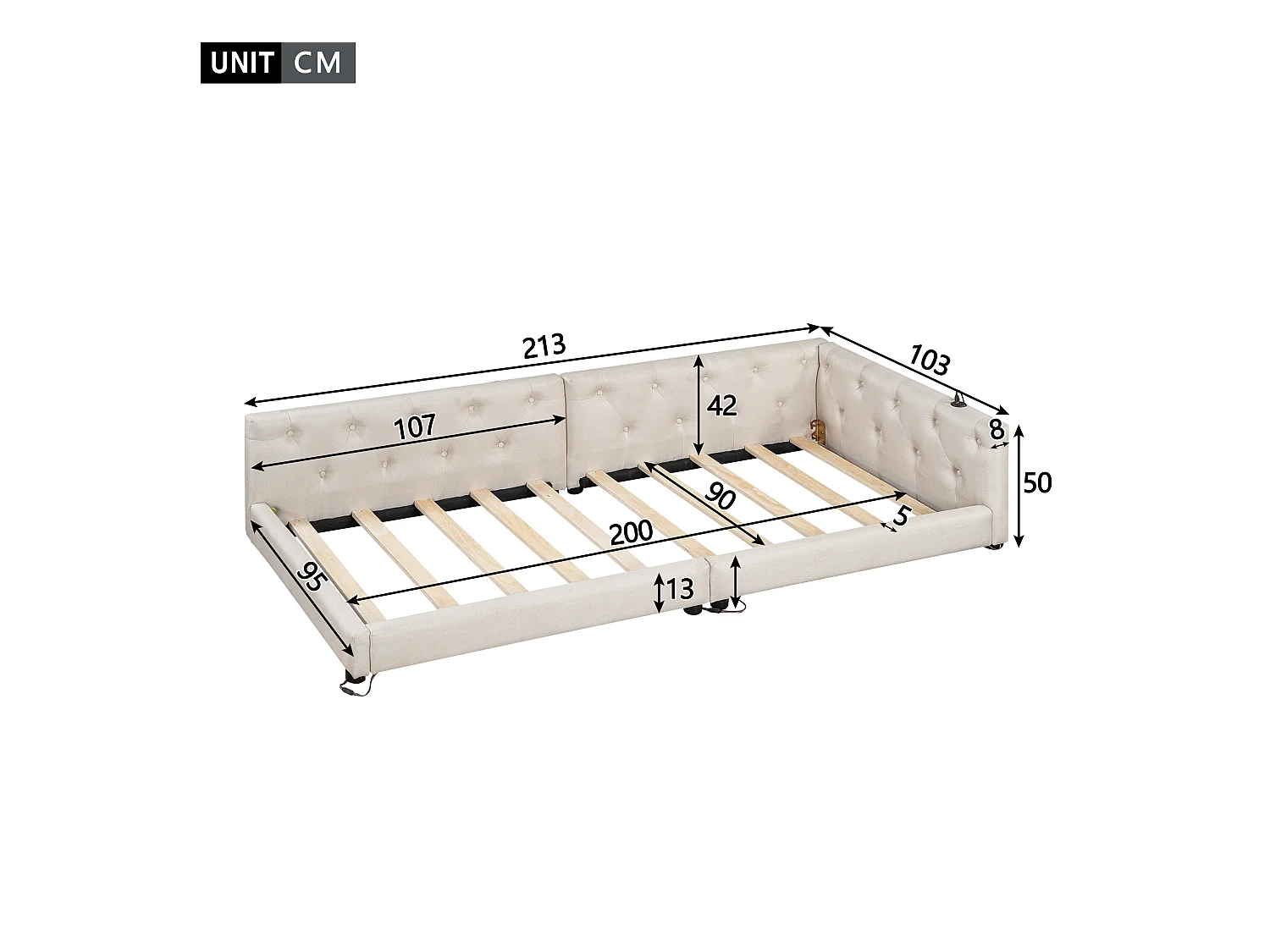 Canapé-lit 90x200 cm en lin beige, avec LED d’ambiance télécommandée, ports USB et Type-C, tête capitonnée, sommier inclus
