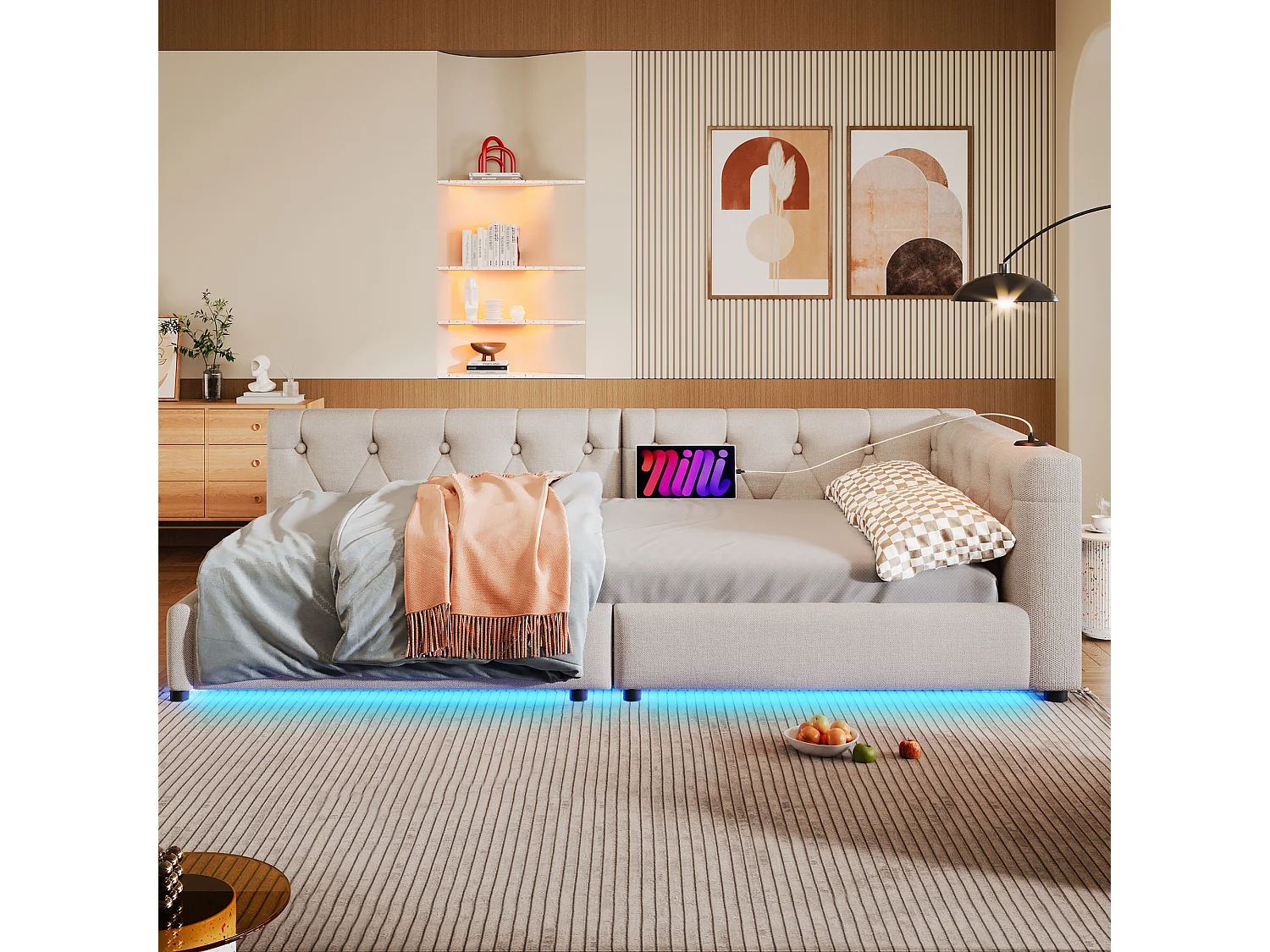 Canapé-lit 90x200 cm en lin beige, avec LED d’ambiance télécommandée, ports USB et Type-C, tête capitonnée, sommier inclus