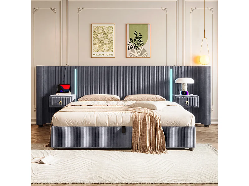 Lit rembourré 180x200 cm avec LED, rangement hydraulique, 2 tiroirs, sans matelas, USB + Type-C, velours, Gris