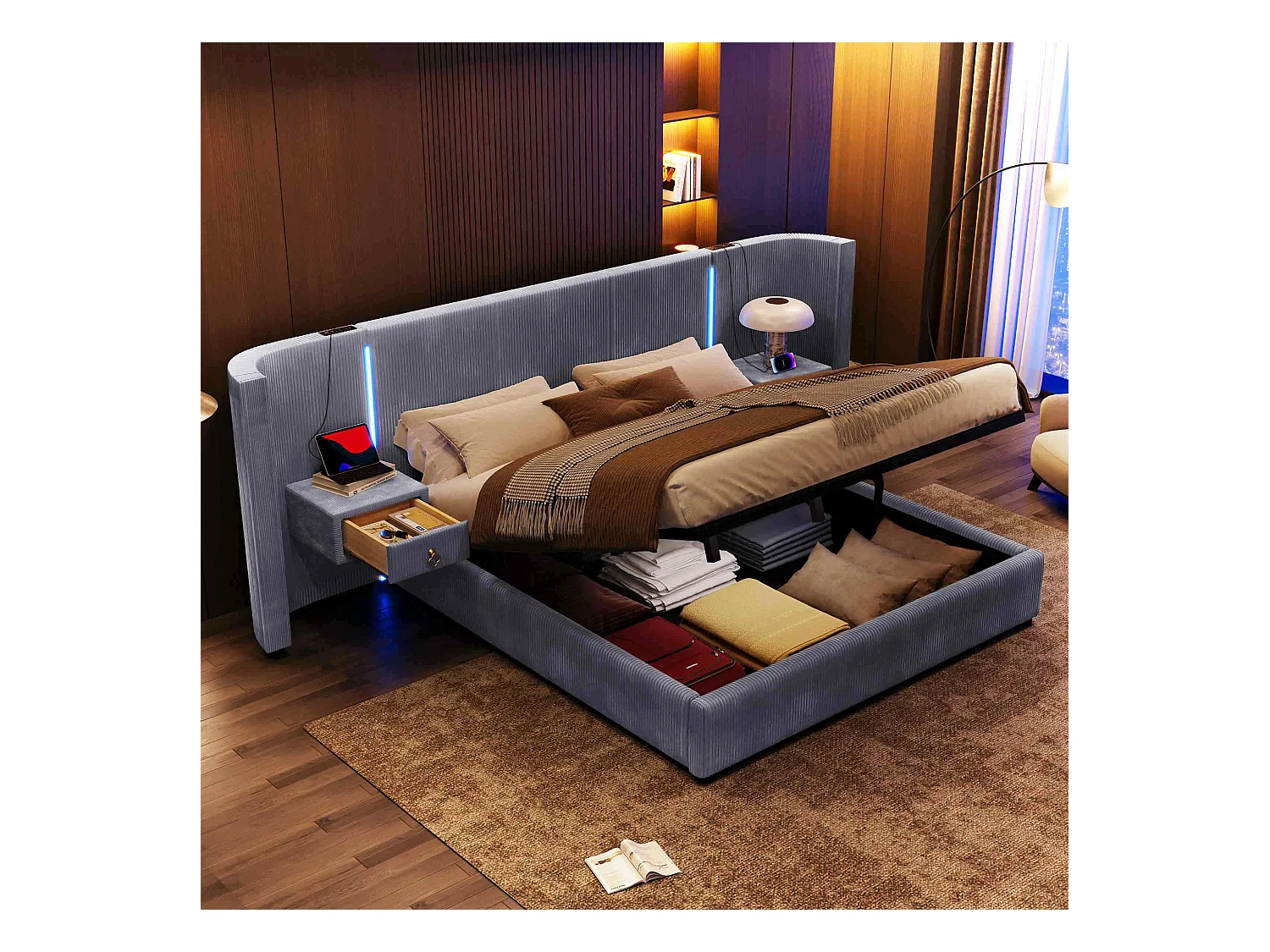 Lit rembourré 180x200 cm avec LED, rangement hydraulique, 2 tiroirs, sans matelas, USB + Type-C, velours, Gris