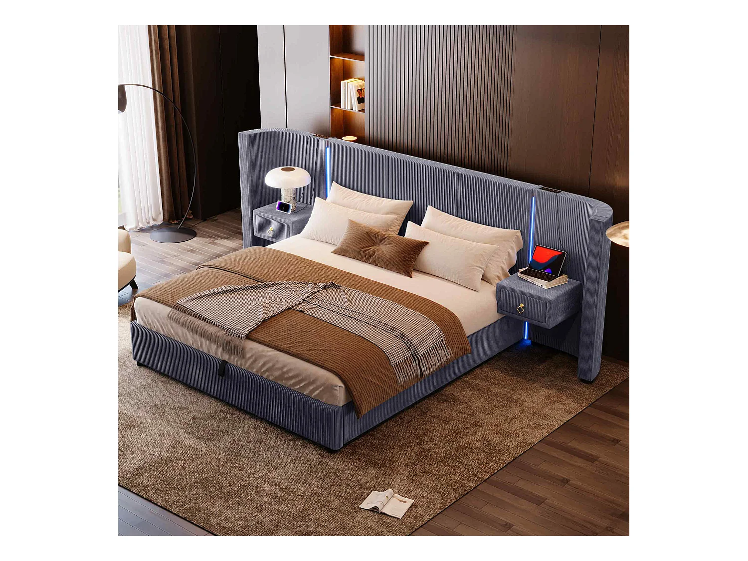 Lit rembourré 180x200 cm avec LED, rangement hydraulique, 2 tiroirs, sans matelas, USB + Type-C, velours, Gris