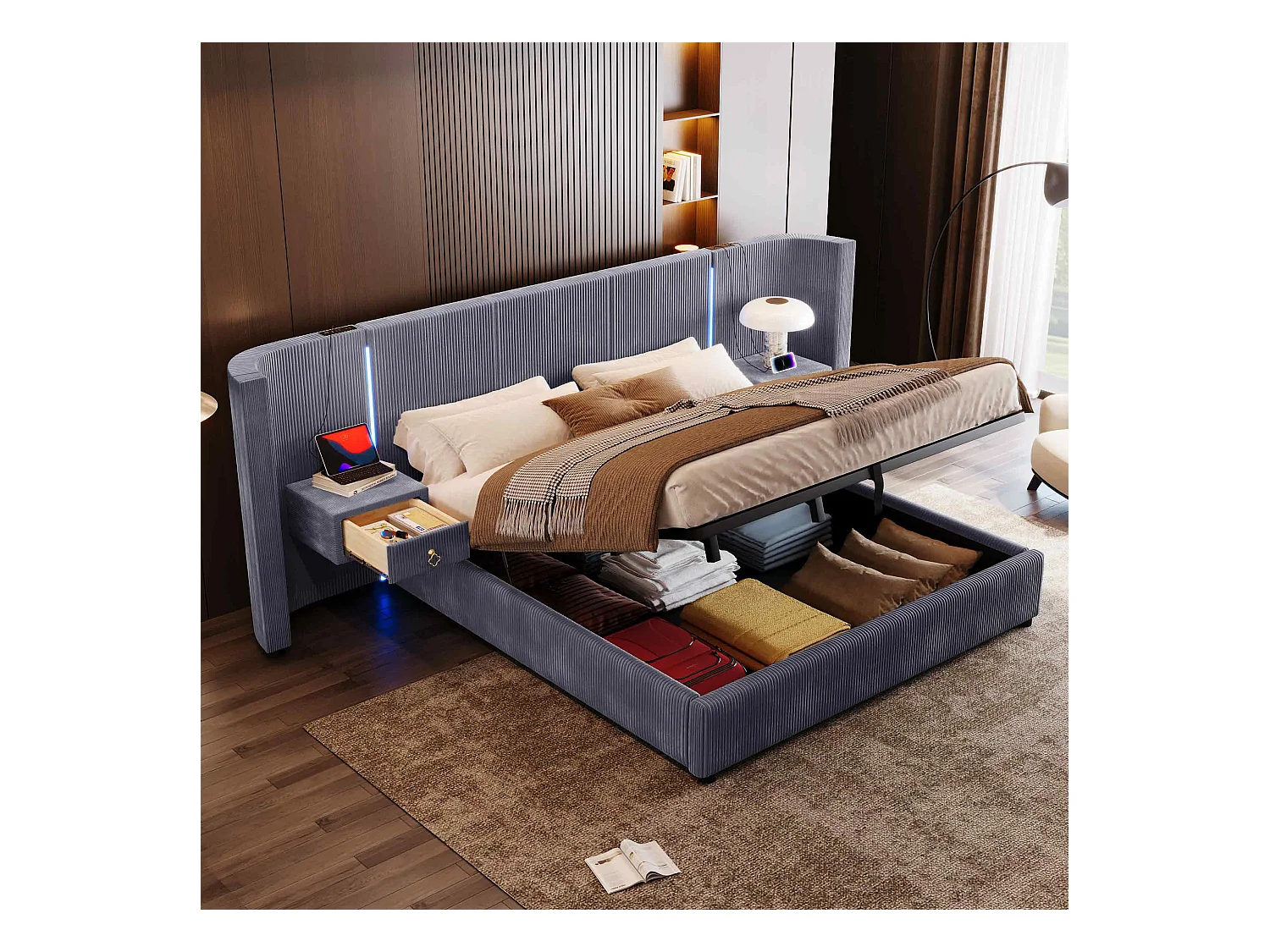 Lit rembourré 180x200 cm avec LED, rangement hydraulique, 2 tiroirs, sans matelas, USB + Type-C, velours, Gris