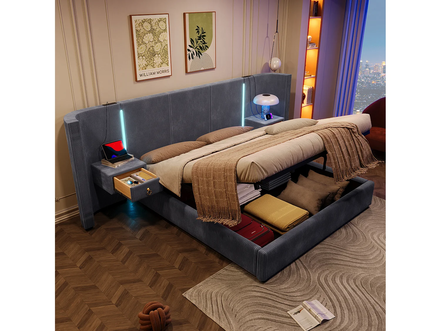 Lit rembourré 180x200 cm avec LED, rangement hydraulique, 2 tiroirs, sans matelas, USB + Type-C, velours, Gris