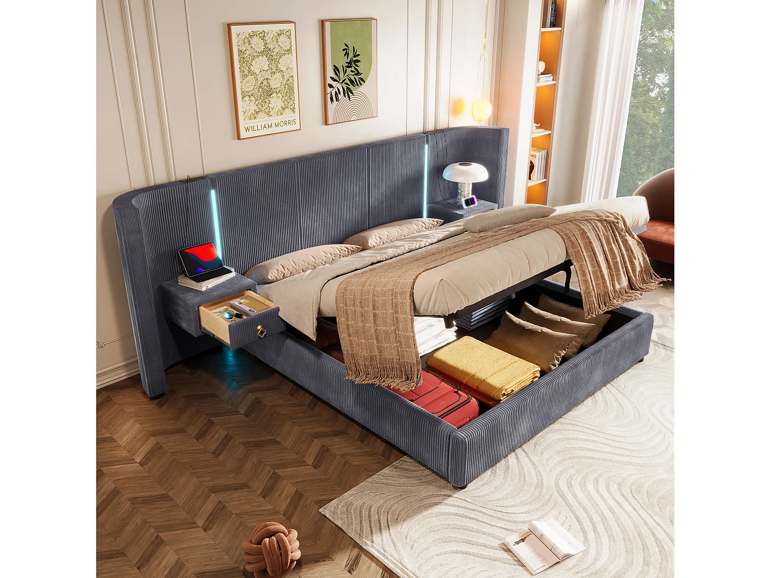 Lit rembourré 180x200 cm avec LED, rangement hydraulique, 2 tiroirs, sans matelas, USB + Type-C, velours, Gris