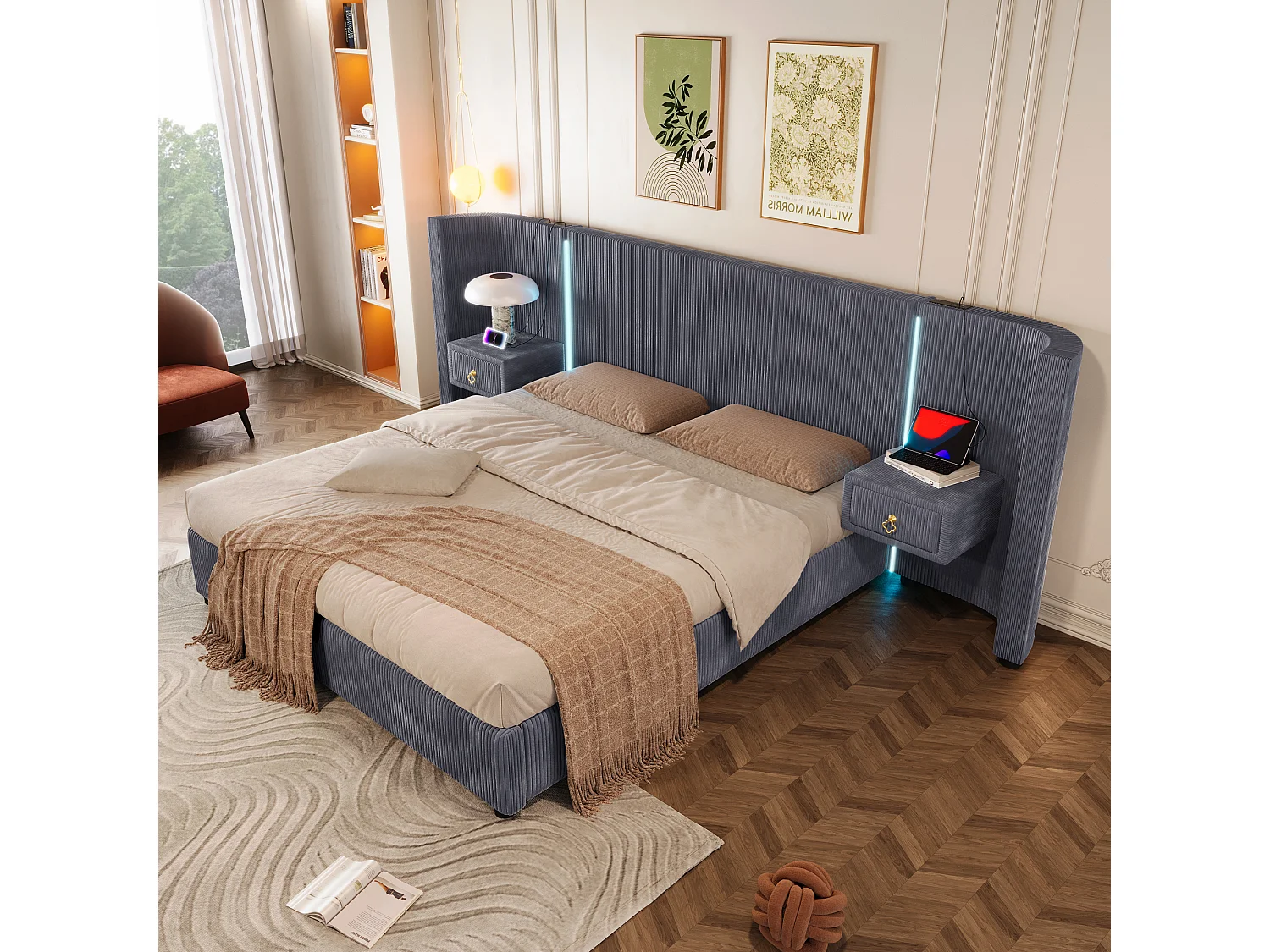 Lit rembourré 180x200 cm avec LED, rangement hydraulique, 2 tiroirs, sans matelas, USB + Type-C, velours, Gris