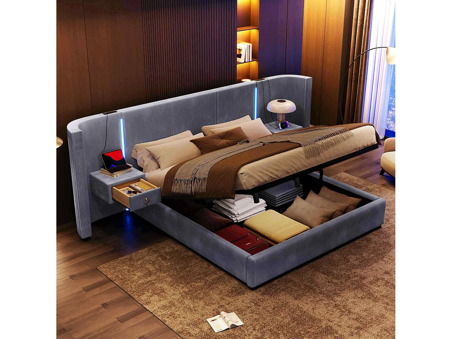 Lit rembourré 180x200 cm avec LED, rangement hydraulique, 2 tiroirs, sans matelas, USB + Type-C, velours, Gris