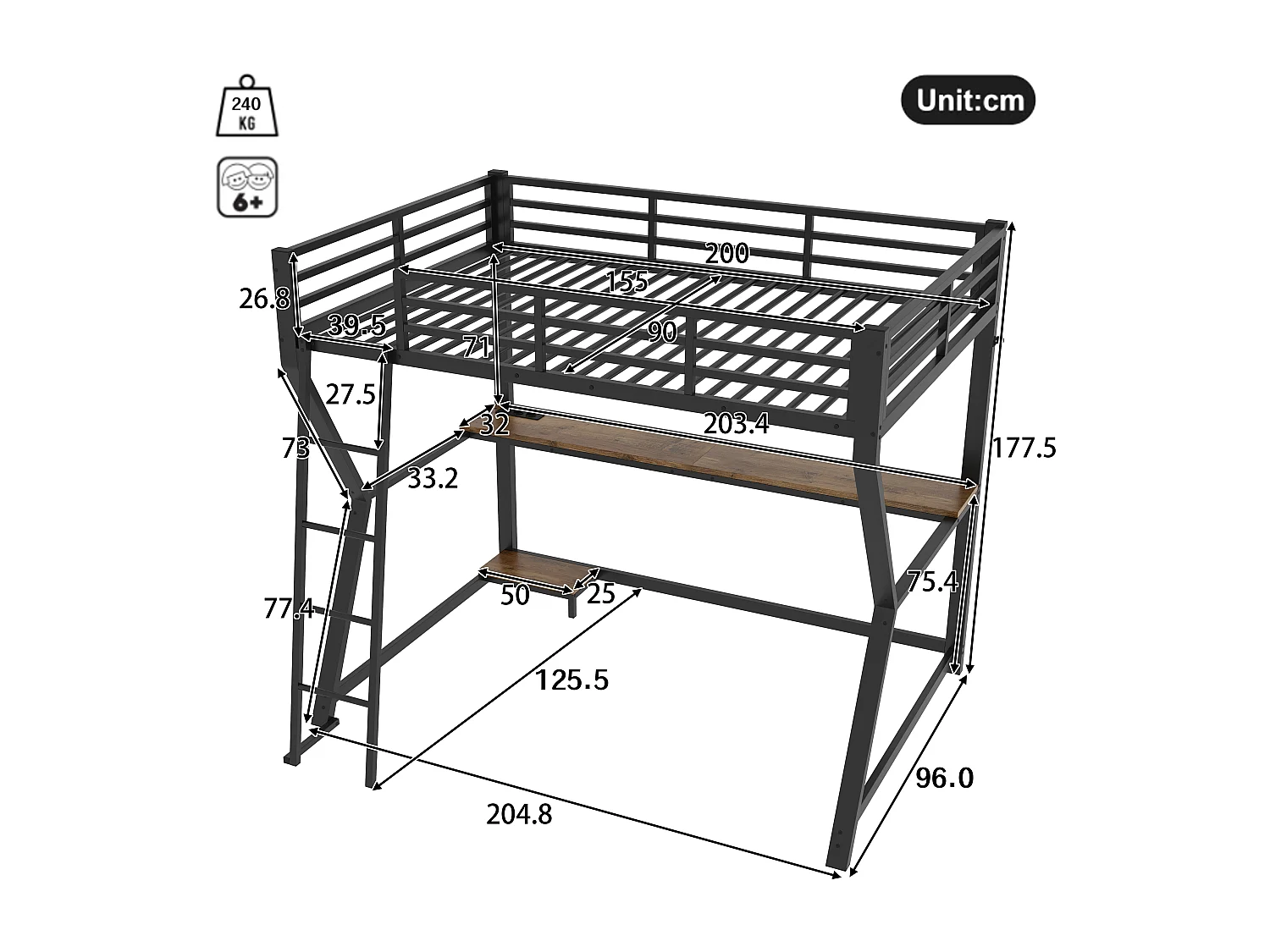 Lit mezzanine 90x200 cm en métal noir, avec LED, bureau, étagère pour console, prise et ports USB, garde-corps et escalier