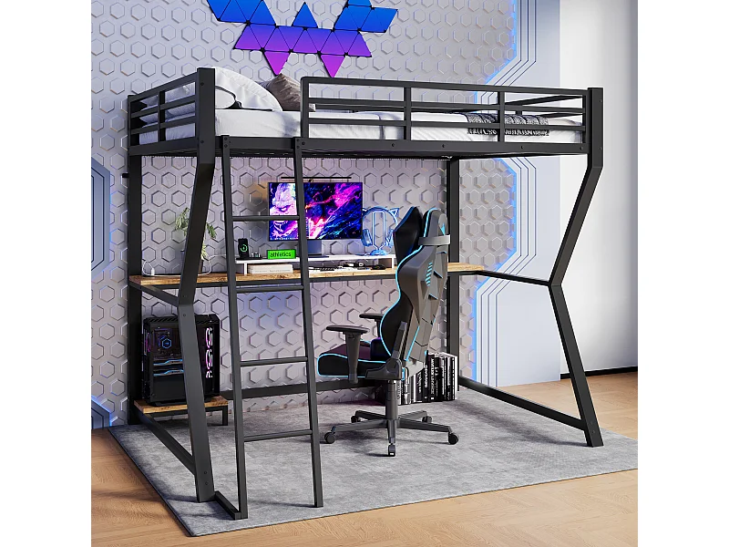Lit mezzanine 90x200 cm en métal noir, avec LED, bureau, étagère pour console, prise et ports USB, garde-corps et escalier