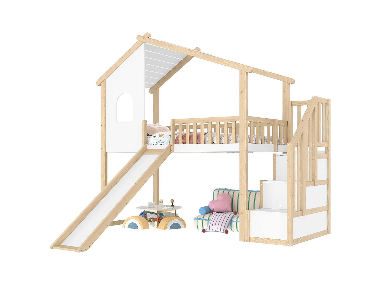 Lit mezzanine 90x200 cm avec barrières, échelle de rangement, fenêtres, toboggan, barreau maison, Nature + Blanc