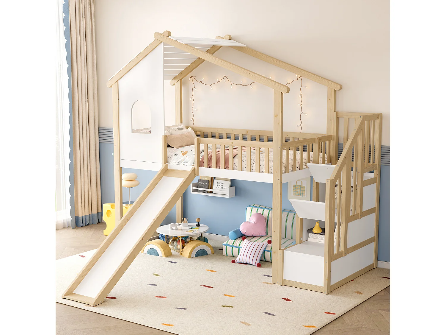 Lit mezzanine 90x200 cm avec barrières, échelle de rangement, fenêtres, toboggan, barreau maison, Nature + Blanc