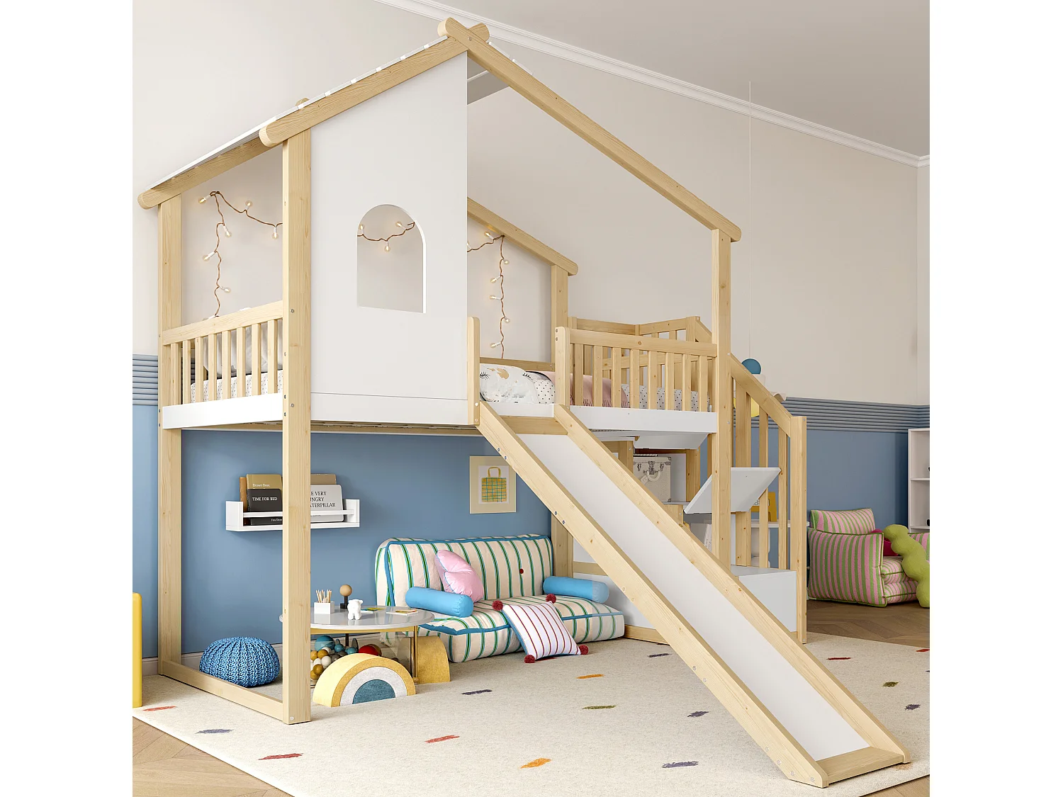 Lit mezzanine 90x200 cm avec barrières, échelle de rangement, fenêtres, toboggan, barreau maison, Nature + Blanc