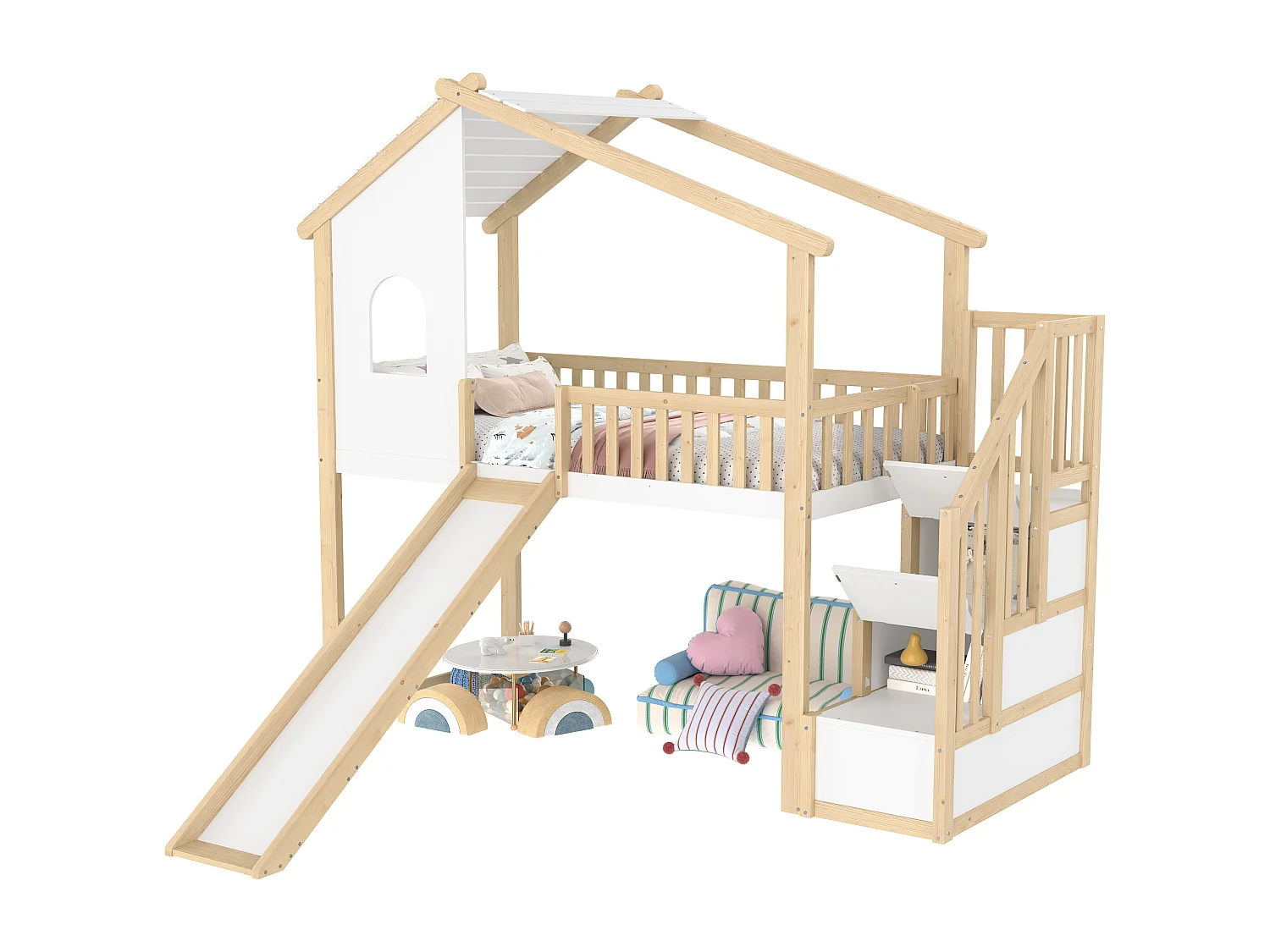 Lit mezzanine 90x200 cm avec barrières, échelle de rangement, fenêtres, toboggan, barreau maison, Nature + Blanc