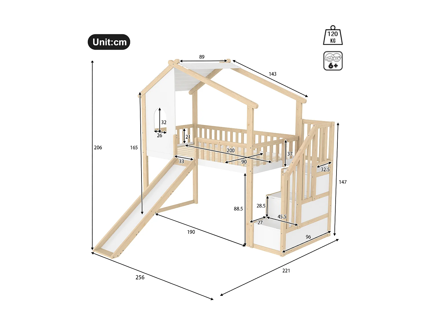 Lit mezzanine 90x200 cm avec barrières, échelle de rangement, fenêtres, toboggan, barreau maison, Nature + Blanc