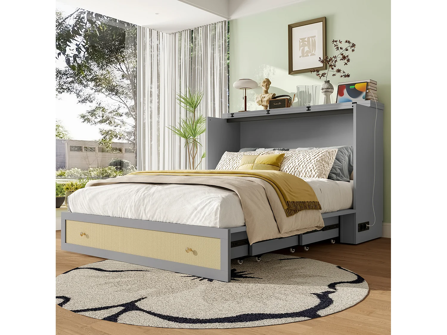 Lit coffre 140x200 cm, lit mobile avec tiroirs au pied et étagère au tête de lit, avec USB et prise, lit plateforme convertible, sans matelas, Gris