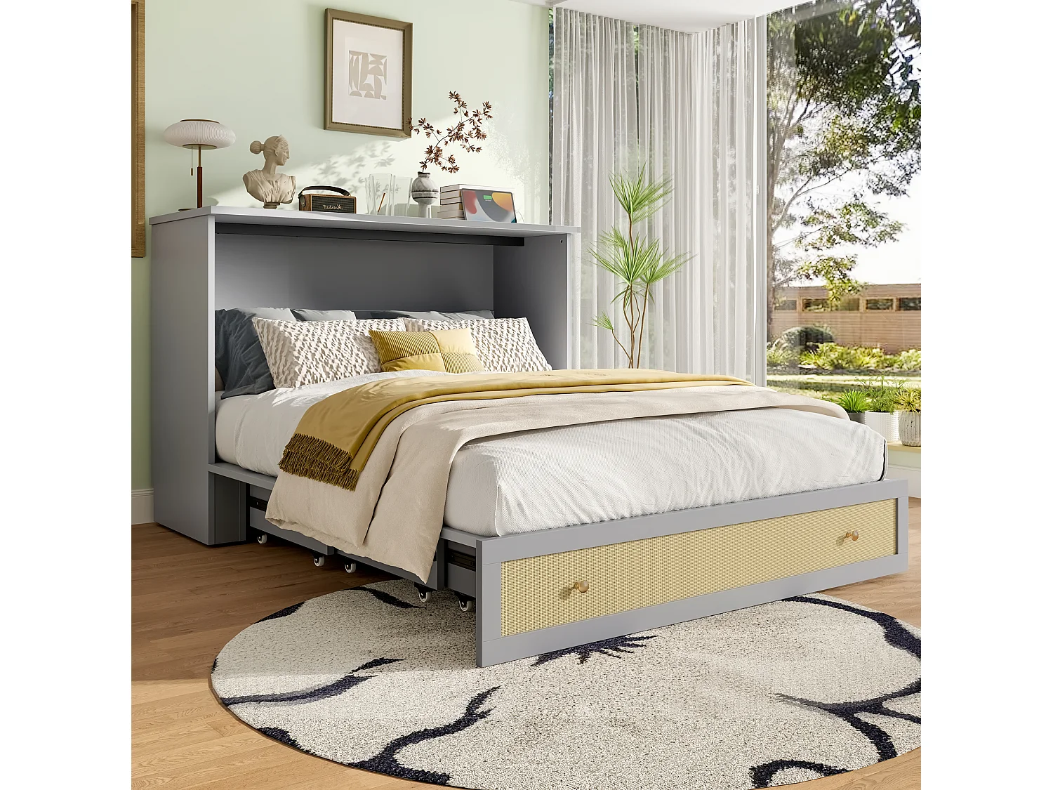 Lit coffre 140x200 cm, lit mobile avec tiroirs au pied et étagère au tête de lit, avec USB et prise, lit plateforme convertible, sans matelas, Gris