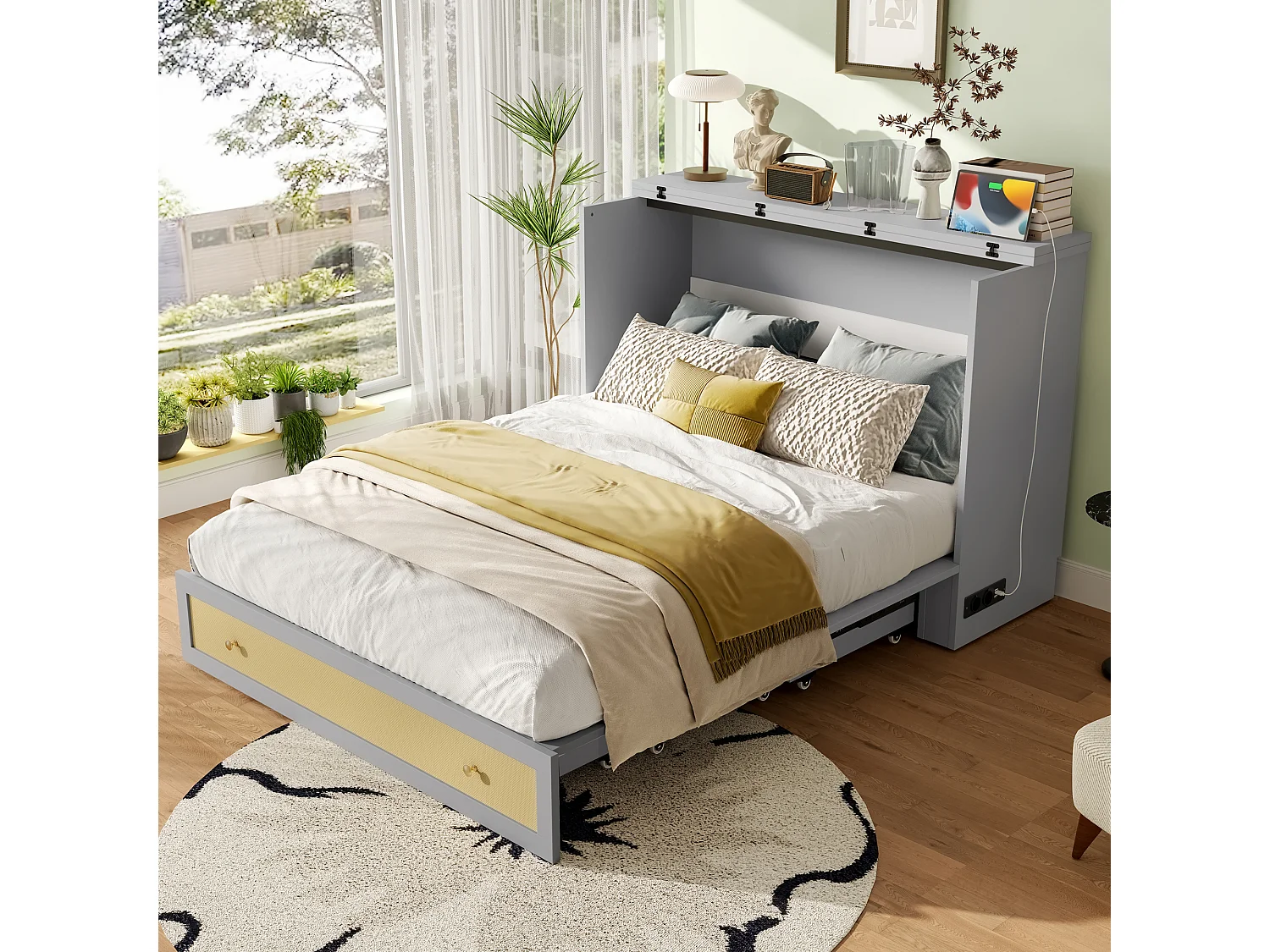 Lit coffre 140x200 cm, lit mobile avec tiroirs au pied et étagère au tête de lit, avec USB et prise, lit plateforme convertible, sans matelas, Gris