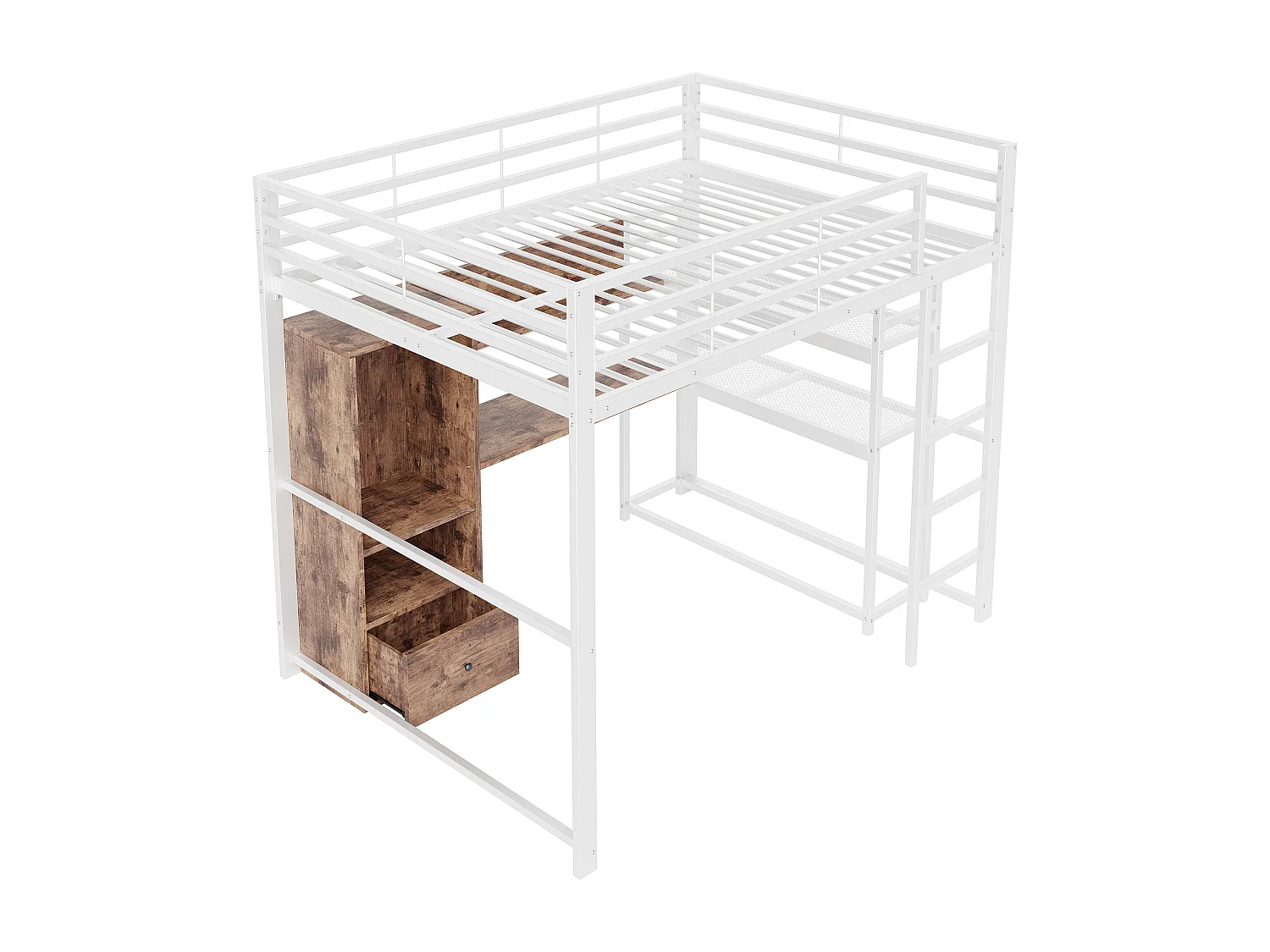 Lit mezzanine 140x200 cm, cadre métal avec LED, bureau, tiroir, étagères, rambarde, échelle, sans matelas, Blanc