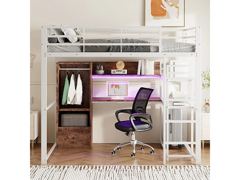 Lit mezzanine 140x200 cm, cadre métal avec LED, bureau, tiroir, étagères, rambarde, échelle, sans matelas, Blanc