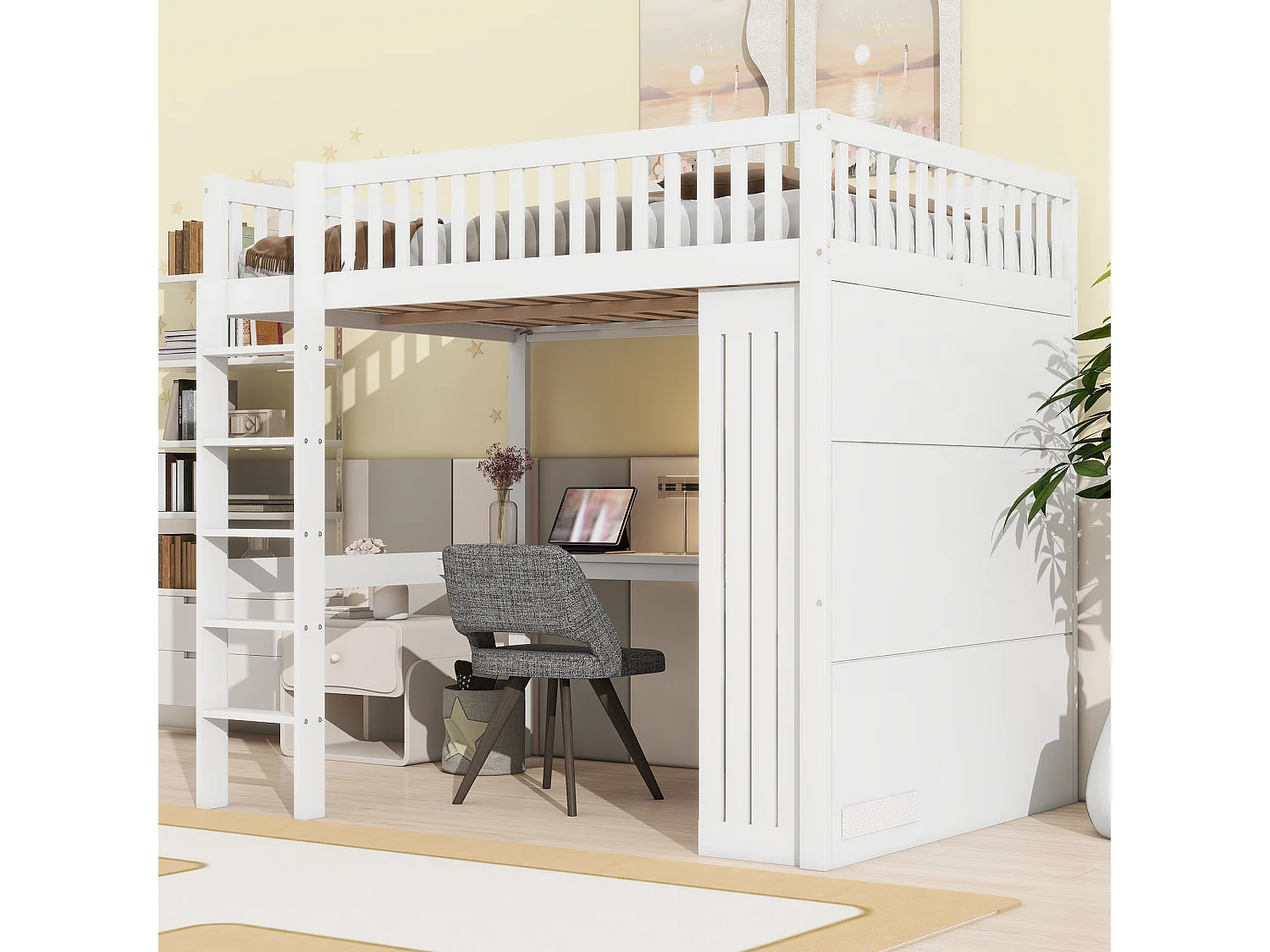 Lit mezzanine 140x200 cm en bois blanc, avec bureau, armoire, 3 tiroirs, rangement ouvert, garde-corps et escalier