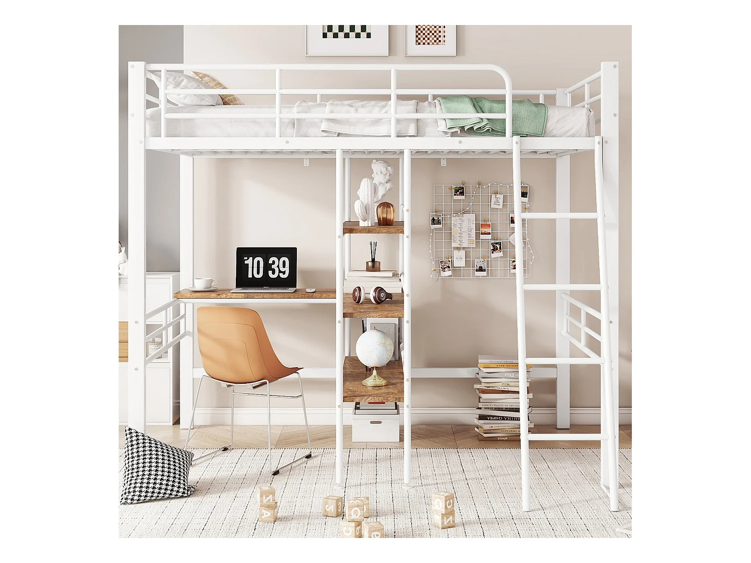 Lit mezzanine 90x200 cm blanc en métal, avec bureau, plusieurs étagères, échelle et garde-corps, sans matelas