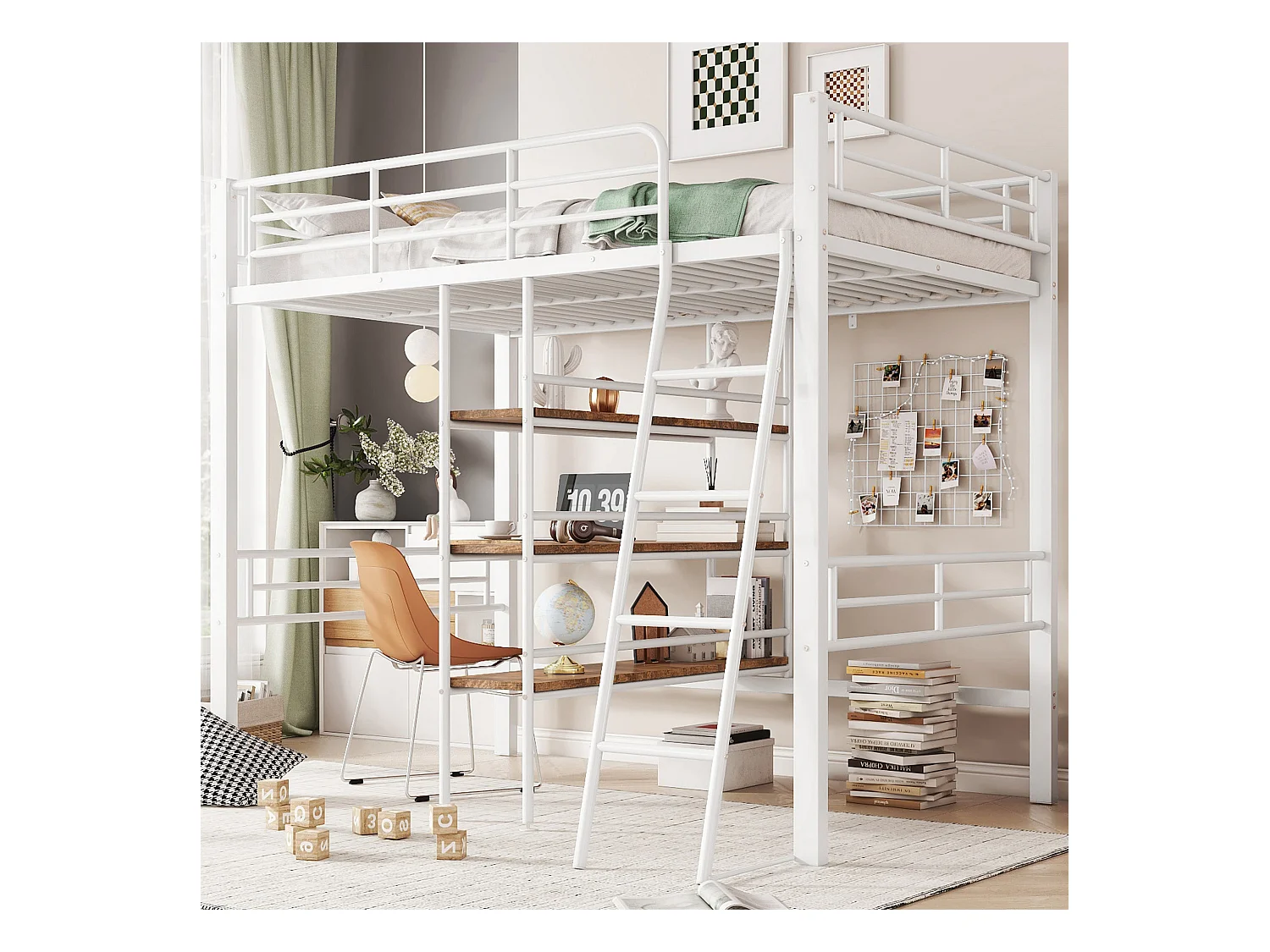 Lit mezzanine 90x200 cm blanc en métal, avec bureau, plusieurs étagères, échelle et garde-corps, sans matelas