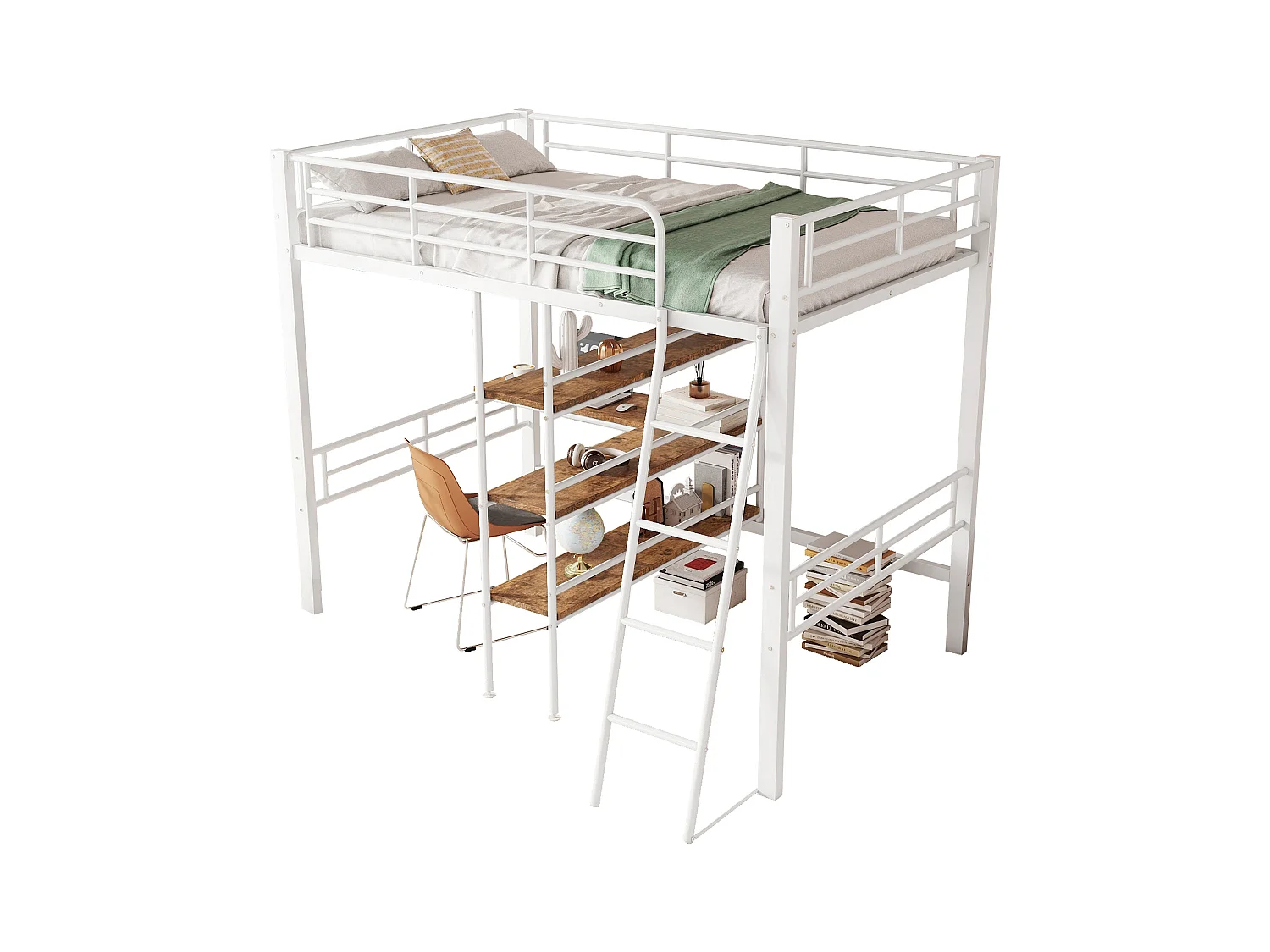 Lit mezzanine 90x200 cm blanc en métal, avec bureau, plusieurs étagères, échelle et garde-corps, sans matelas