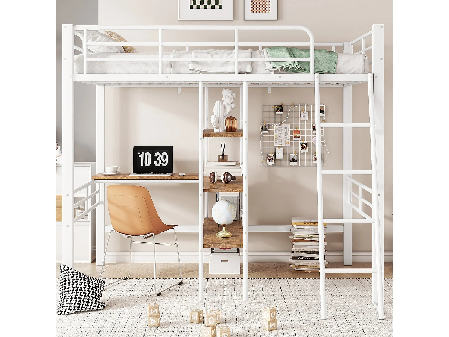 Lit mezzanine 90x200 cm blanc en métal, avec bureau, plusieurs étagères, échelle et garde-corps, sans matelas