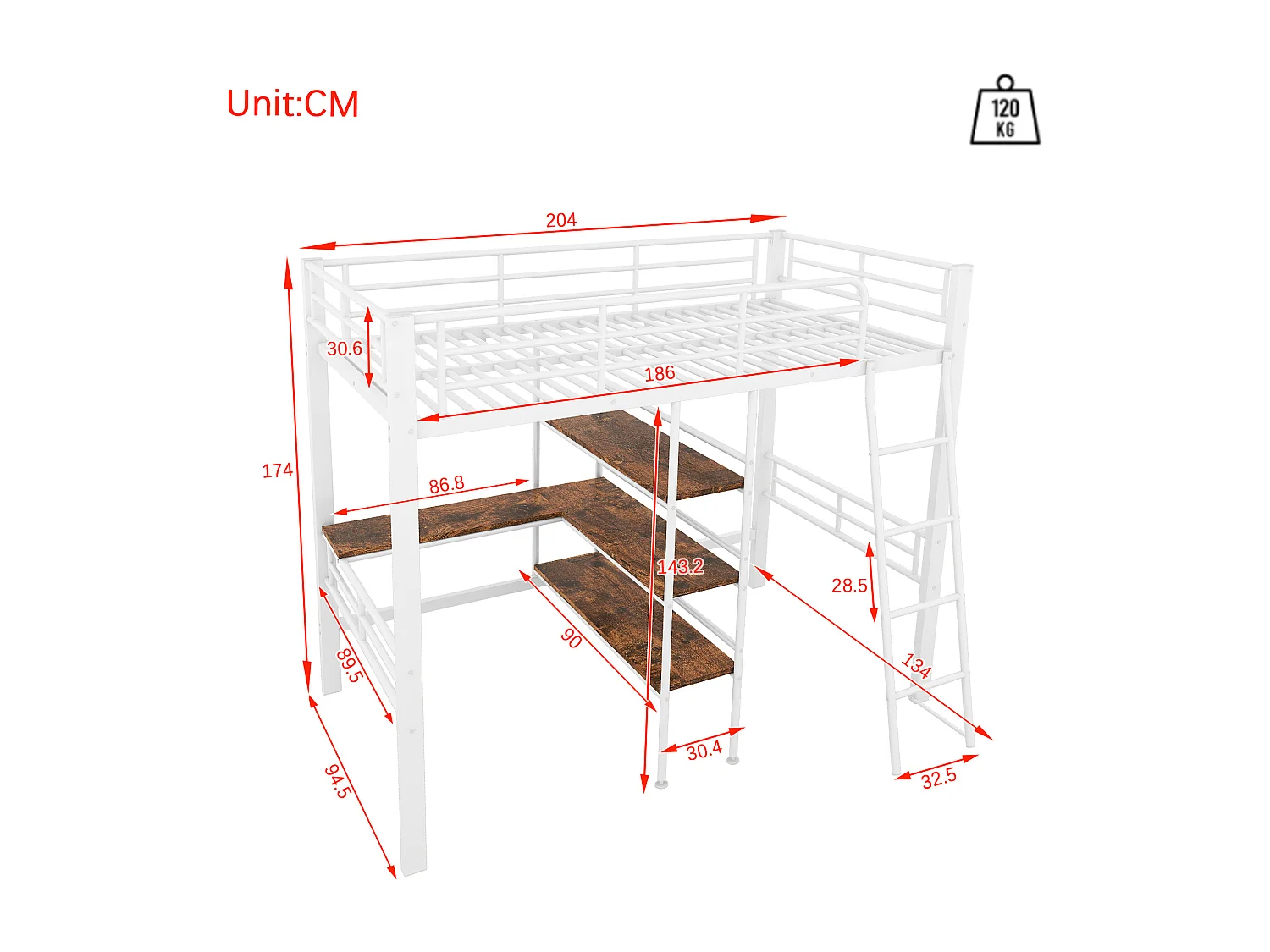 Lit mezzanine 90x200 cm blanc en métal, avec bureau, plusieurs étagères, échelle et garde-corps, sans matelas