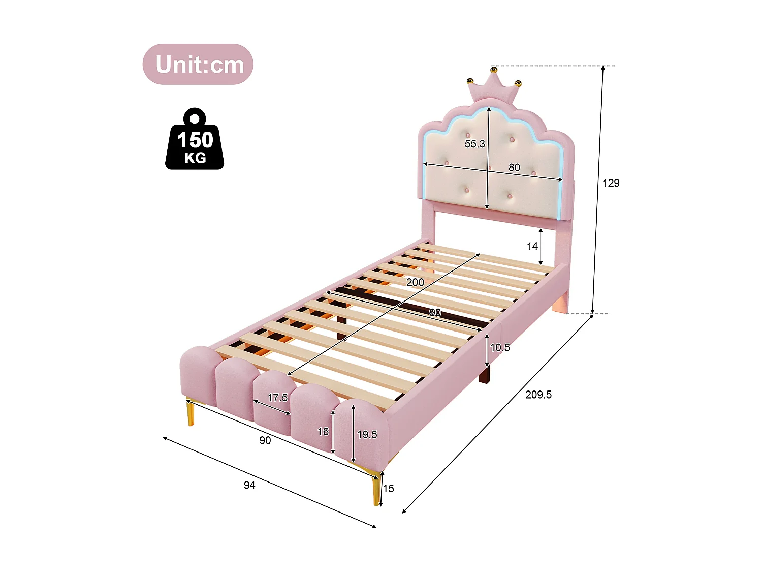 Lit capitonné 90x200 cm rose en PU, avec sommier, lumière d’ambiance télécommandée et tête en forme de couronne