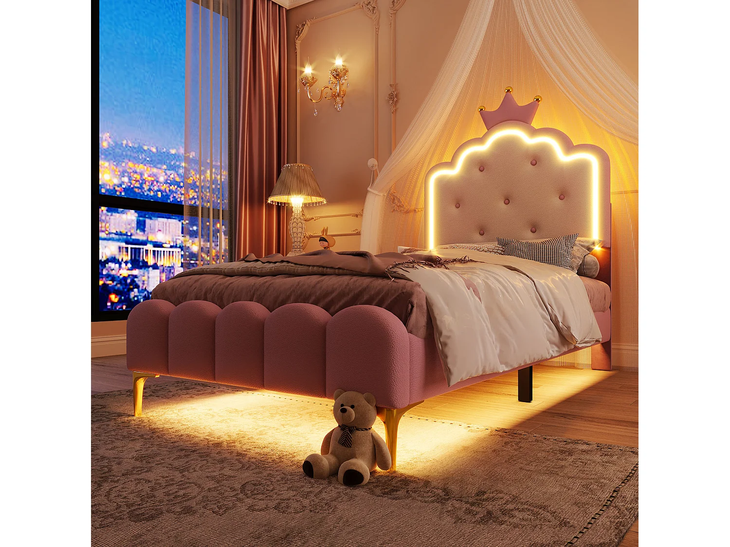 Lit capitonné 90x200 cm rose en PU, avec sommier, lumière d’ambiance télécommandée et tête en forme de couronne