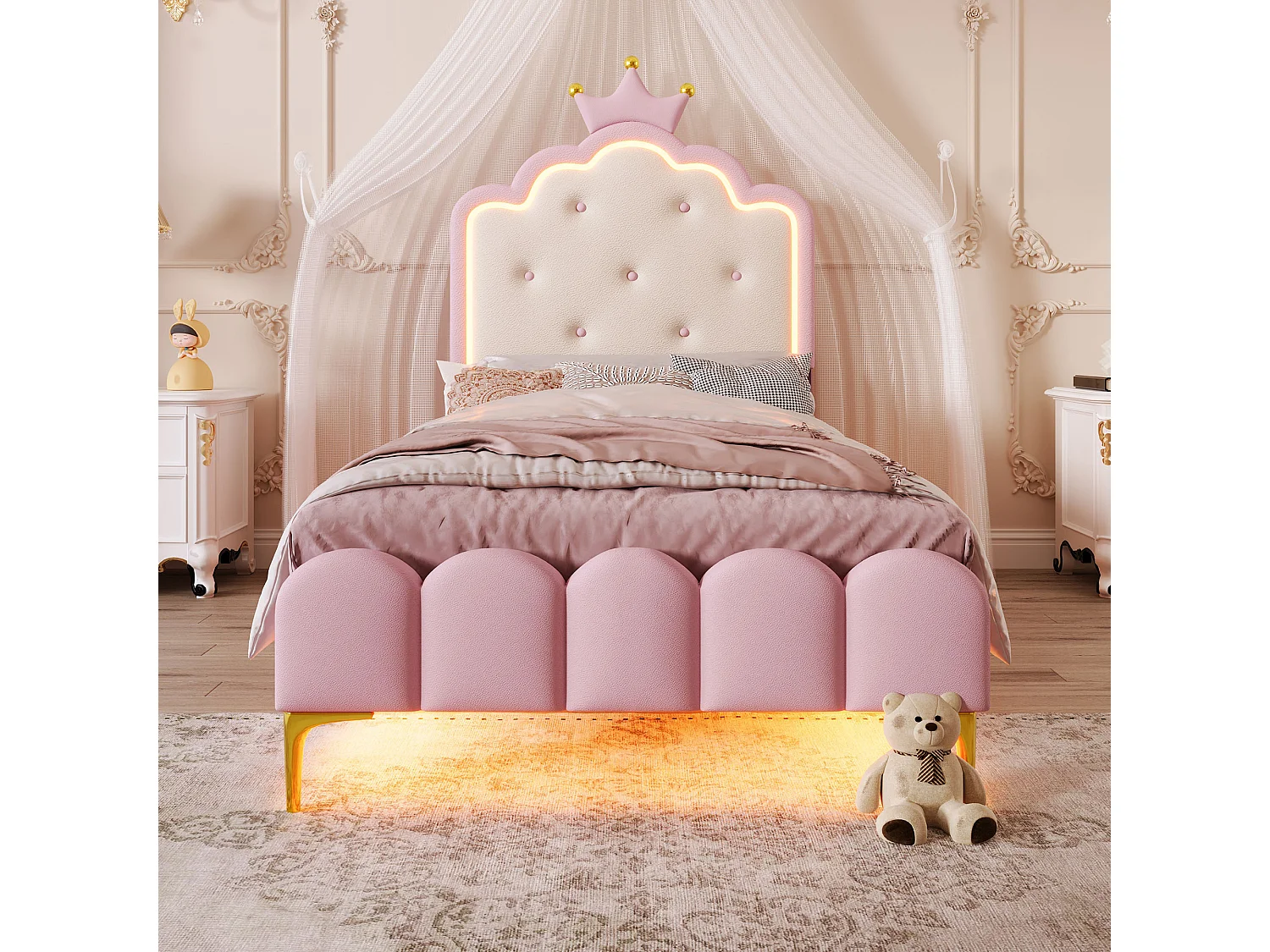 Lit capitonné 90x200 cm rose en PU, avec sommier, lumière d’ambiance télécommandée et tête en forme de couronne