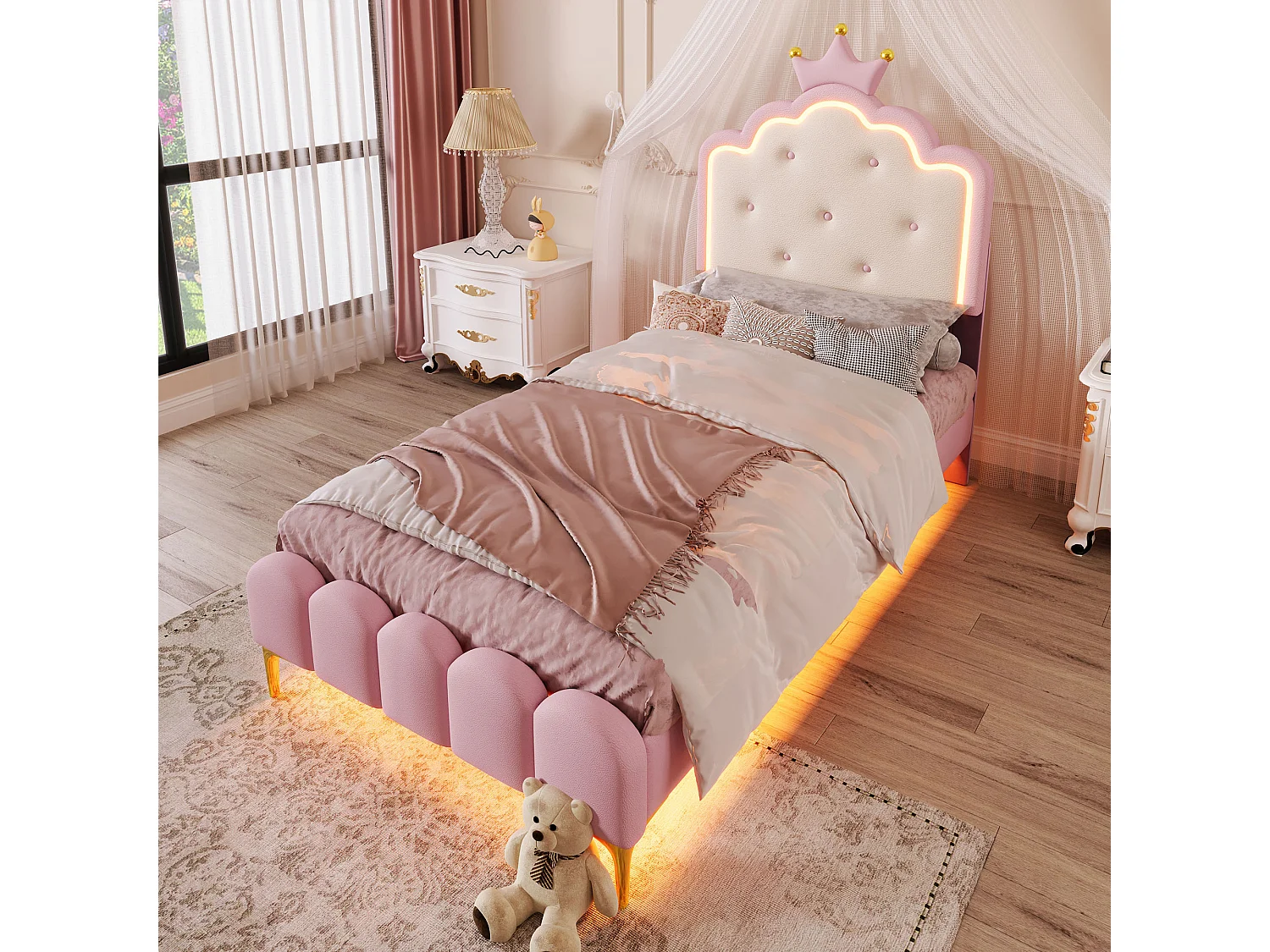 Lit capitonné 90x200 cm rose en PU, avec sommier, lumière d’ambiance télécommandée et tête en forme de couronne