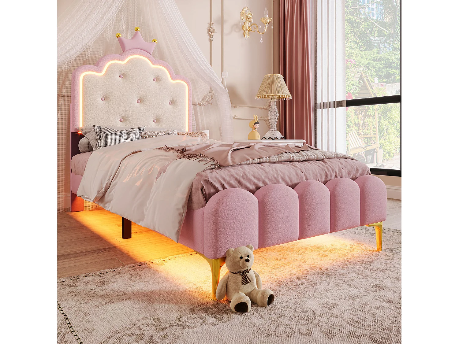 Lit capitonné 90x200 cm rose en PU, avec sommier, lumière d’ambiance télécommandée et tête en forme de couronne