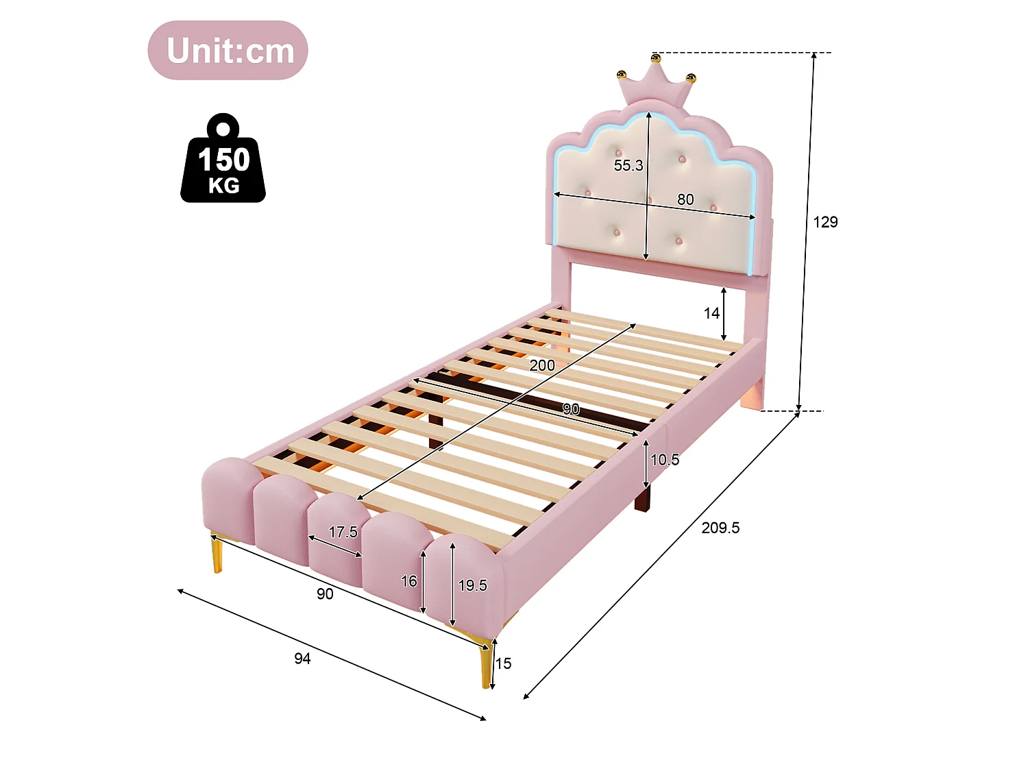 Lit capitonné 90x200 cm rose en PU, avec sommier, lumière d’ambiance télécommandée et tête en forme de couronne