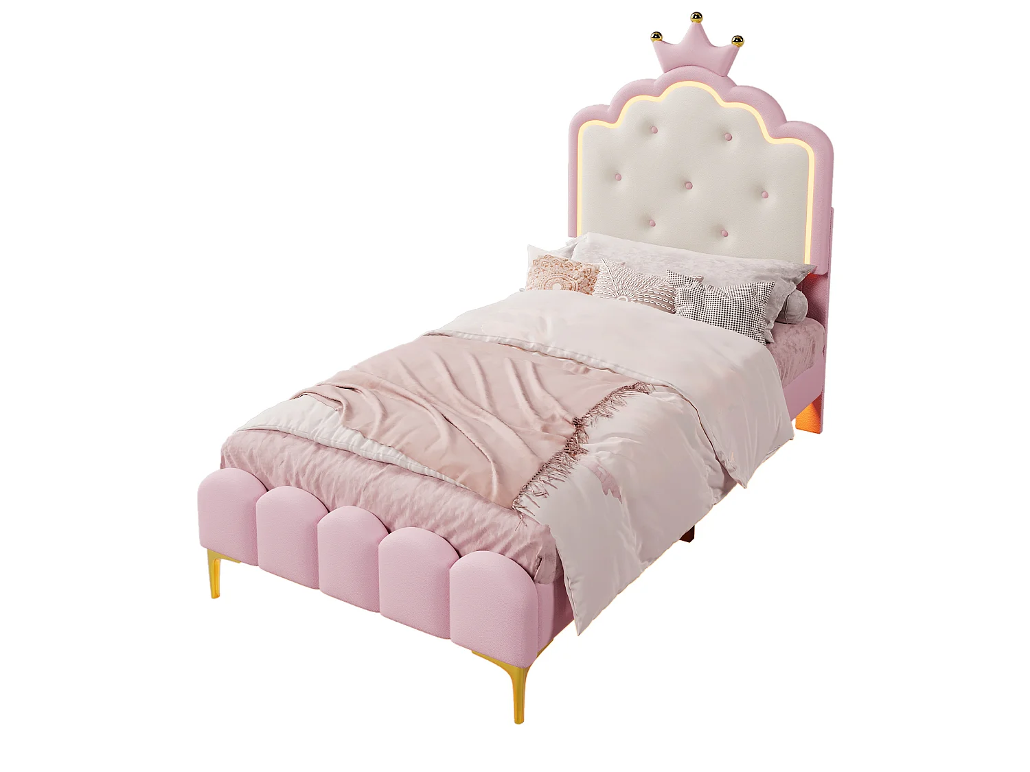 Lit capitonné 90x200 cm rose en PU, avec sommier, lumière d’ambiance télécommandée et tête en forme de couronne