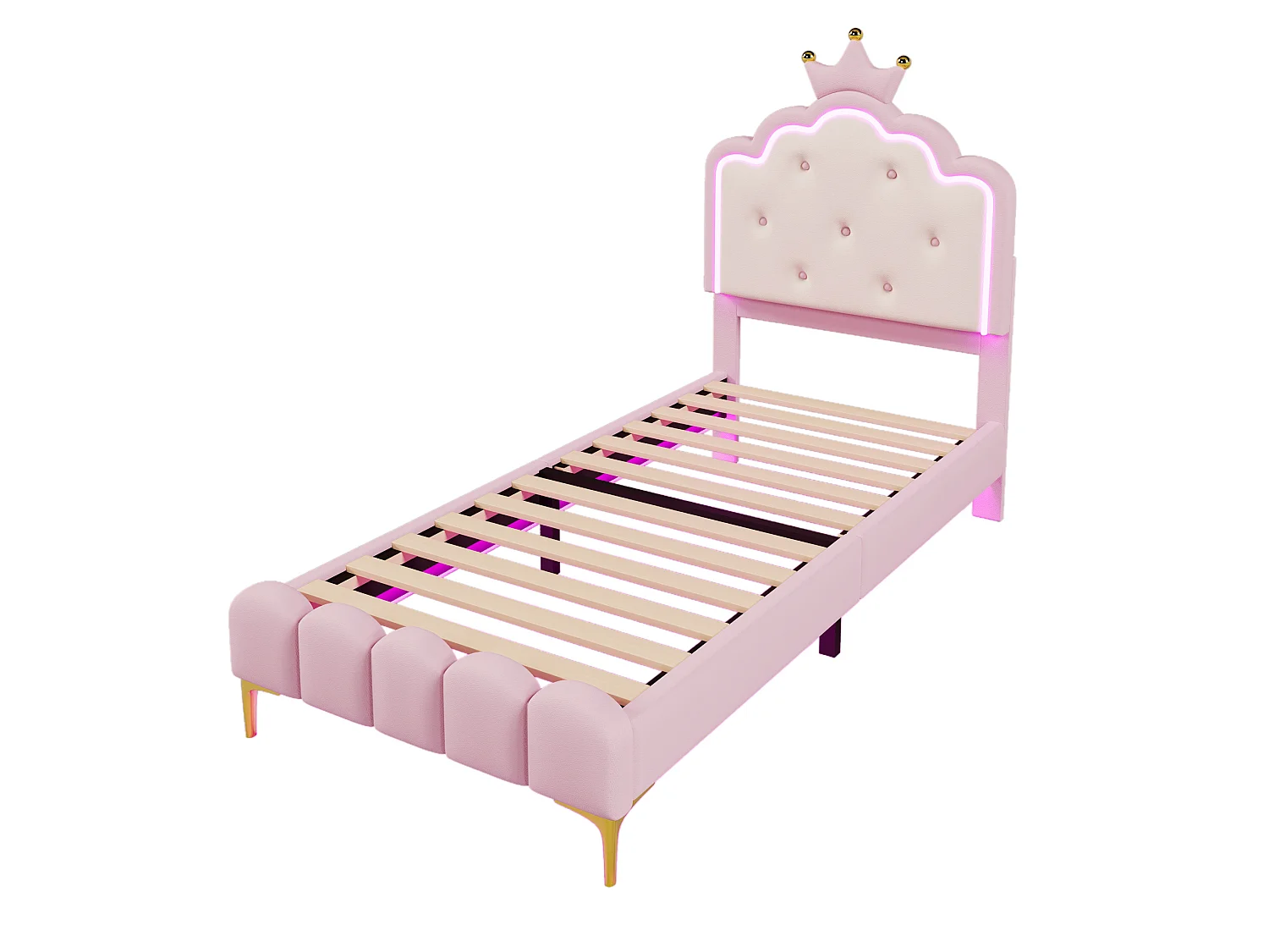 Lit capitonné 90x200 cm rose en PU, avec sommier, lumière d’ambiance télécommandée et tête en forme de couronne