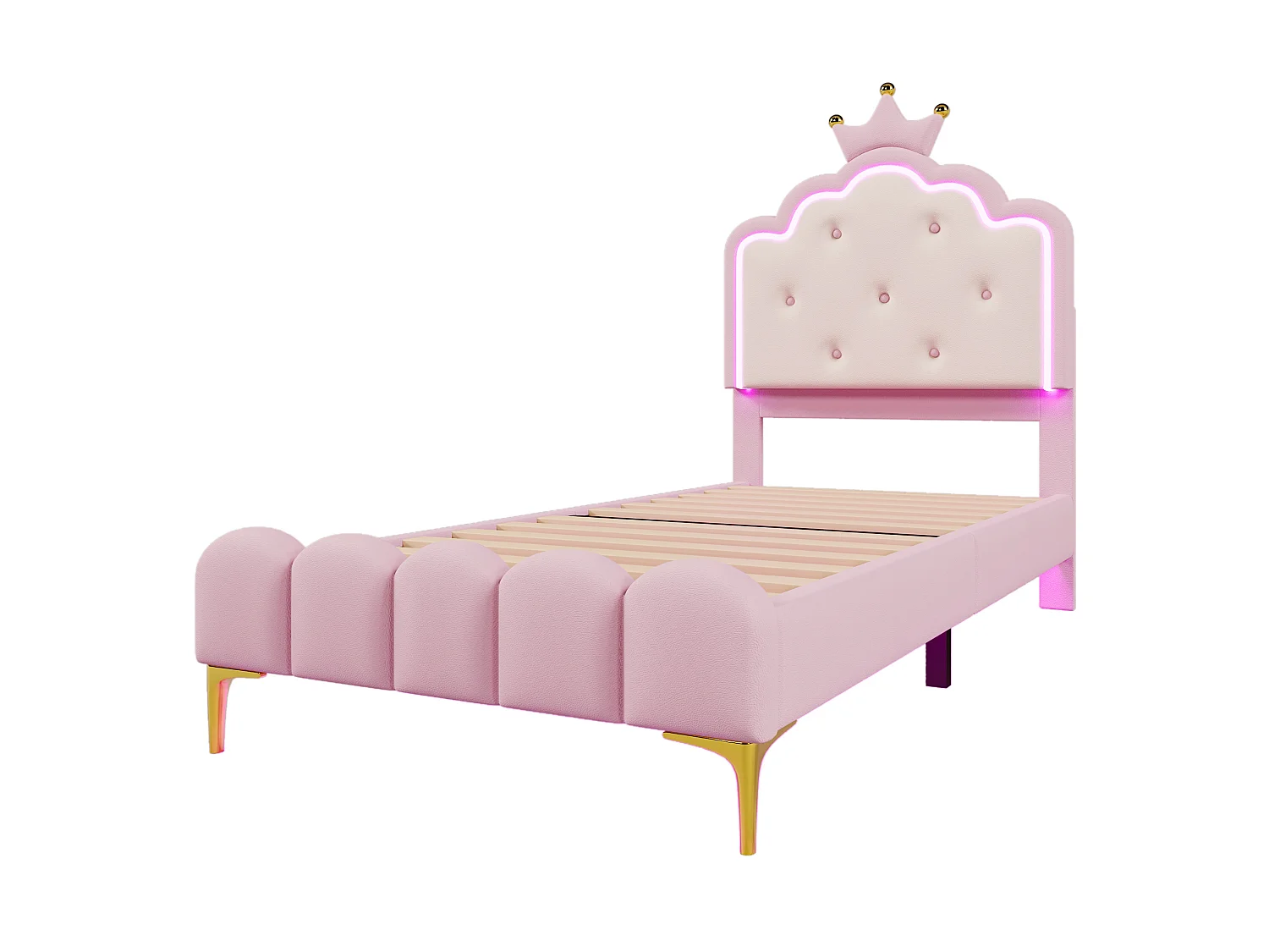 Lit capitonné 90x200 cm rose en PU, avec sommier, lumière d’ambiance télécommandée et tête en forme de couronne