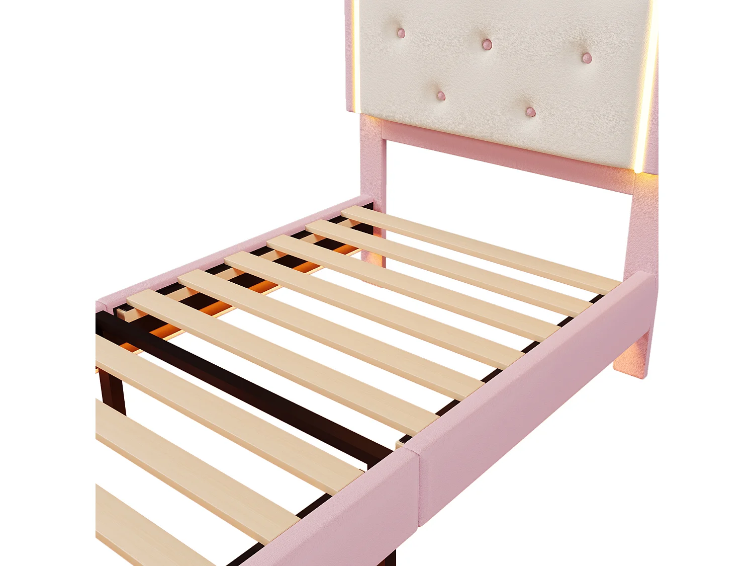 Lit capitonné 90x200 cm rose en PU, avec sommier, lumière d’ambiance télécommandée et tête en forme de couronne