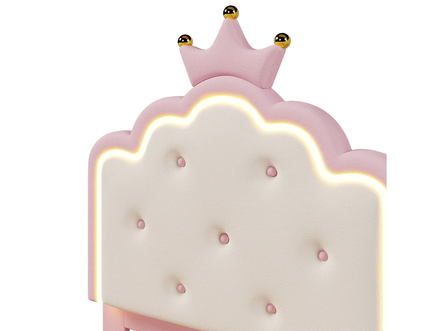 Lit capitonné 90x200 cm rose en PU, avec sommier, lumière d’ambiance télécommandée et tête en forme de couronne