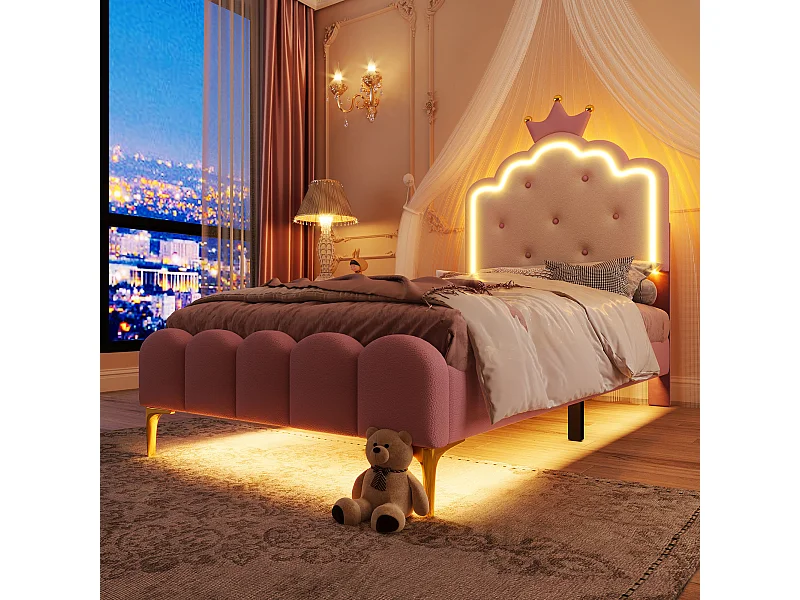 Lit capitonné 90x200 cm rose en PU, avec sommier, lumière d’ambiance télécommandée et tête en forme de couronne