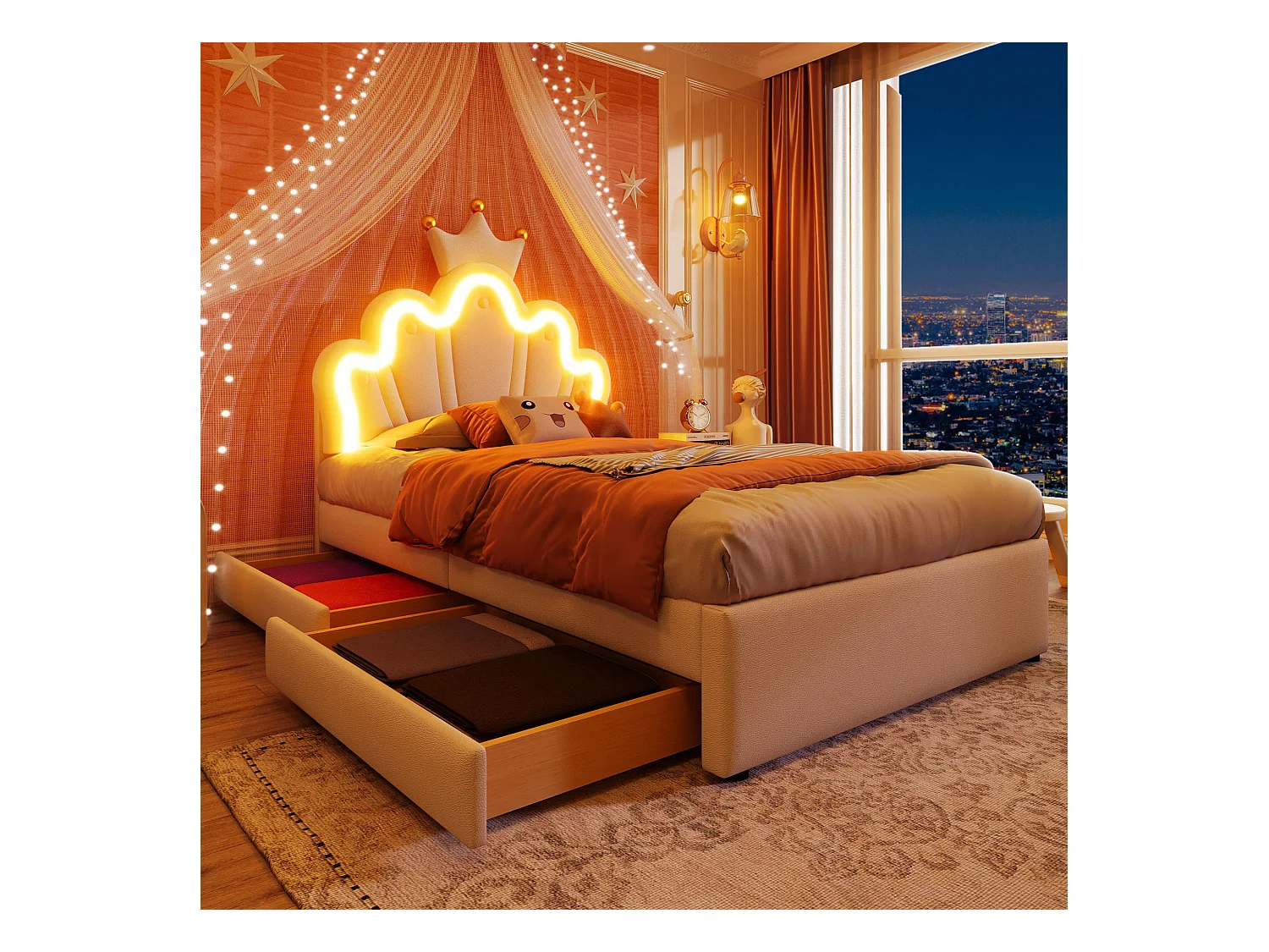 Lit capitonné 90x200 cm blanc en PU, avec LED télécommandée, tête couronne réglable et 2 tiroirs de rangement