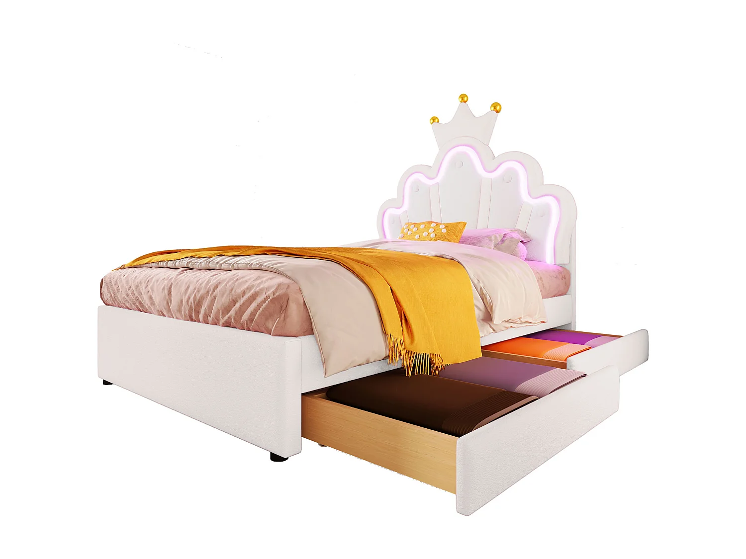 Lit capitonné 90x200 cm blanc en PU, avec LED télécommandée, tête couronne réglable et 2 tiroirs de rangement