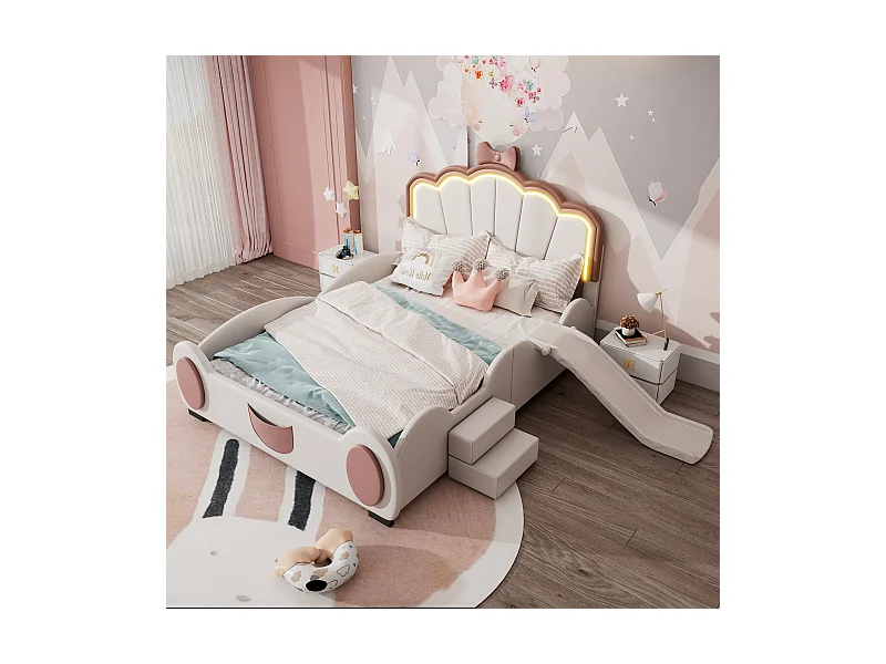Lit enfant 140x200 cm papillon rose et blanc, en PU, avec toboggan, échelle et éclairage LED multicolore à télécommande