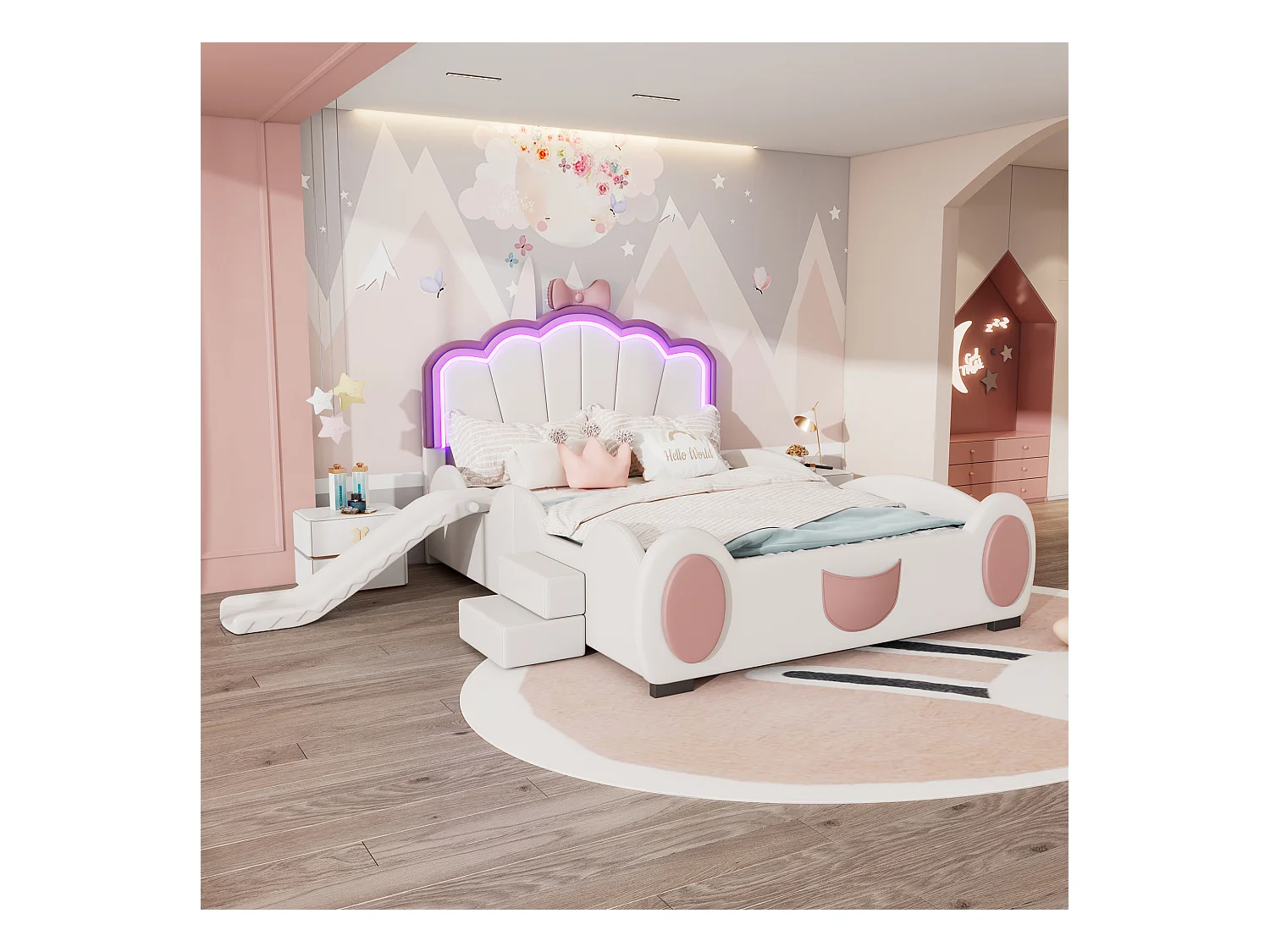 Lit enfant 140x200 cm papillon rose et blanc, en PU, avec toboggan, échelle et éclairage LED multicolore à télécommande