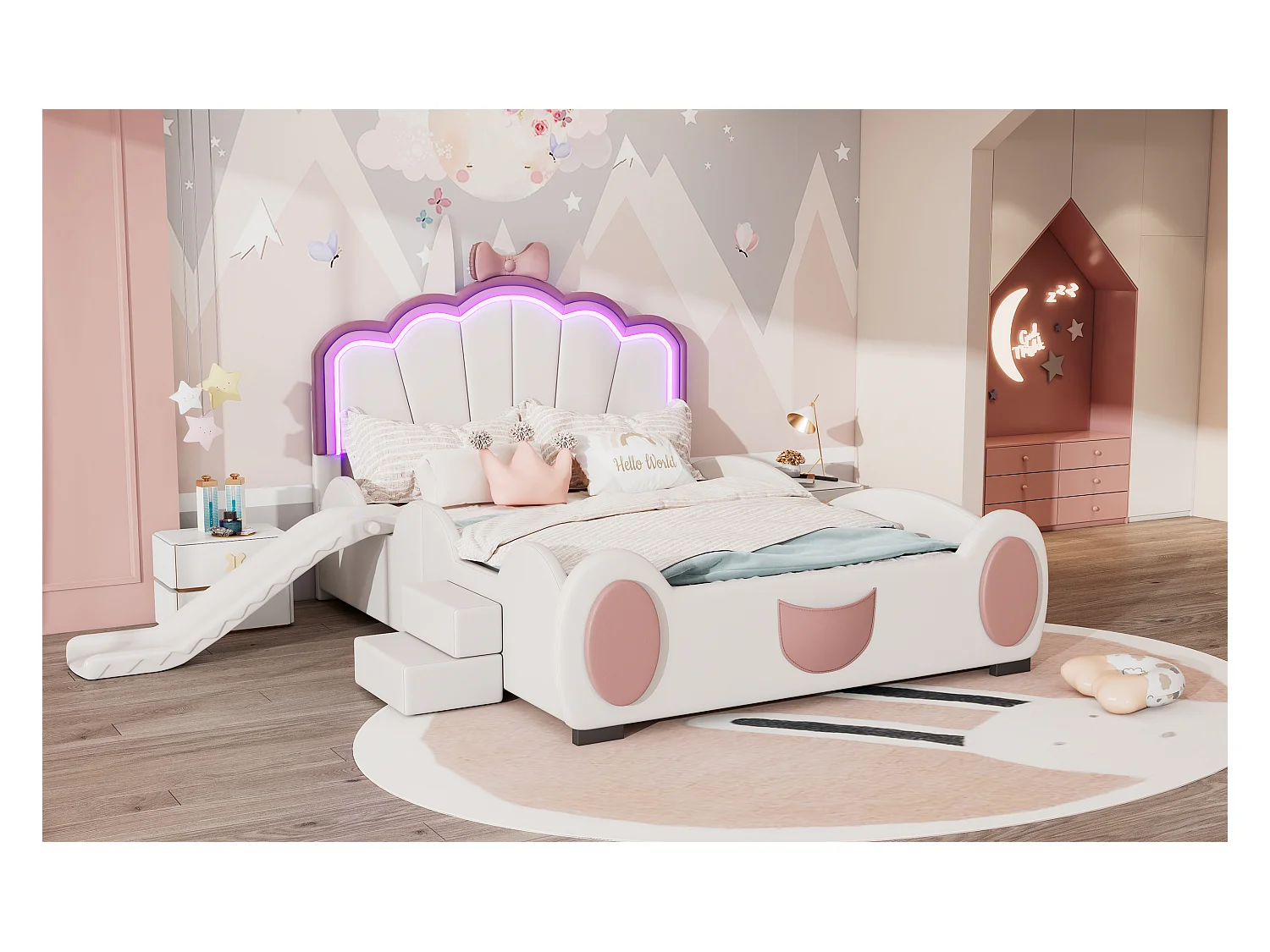 Lit enfant 140x200 cm papillon rose et blanc, en PU, avec toboggan, échelle et éclairage LED multicolore à télécommande