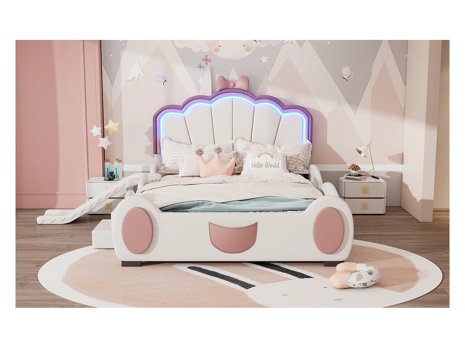 Lit enfant 140x200 cm papillon rose et blanc, en PU, avec toboggan, échelle et éclairage LED multicolore à télécommande